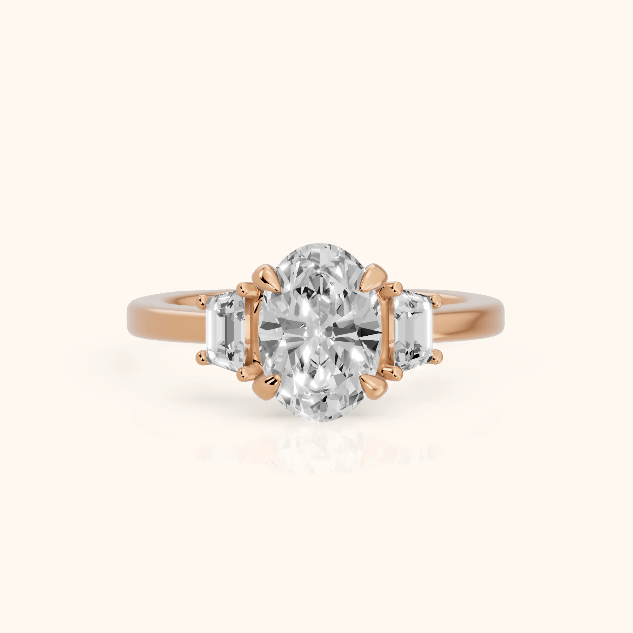 Eureka Trapezoid Three-Stone Oval Diamond Engagement Ring in Rose Gold — view 1