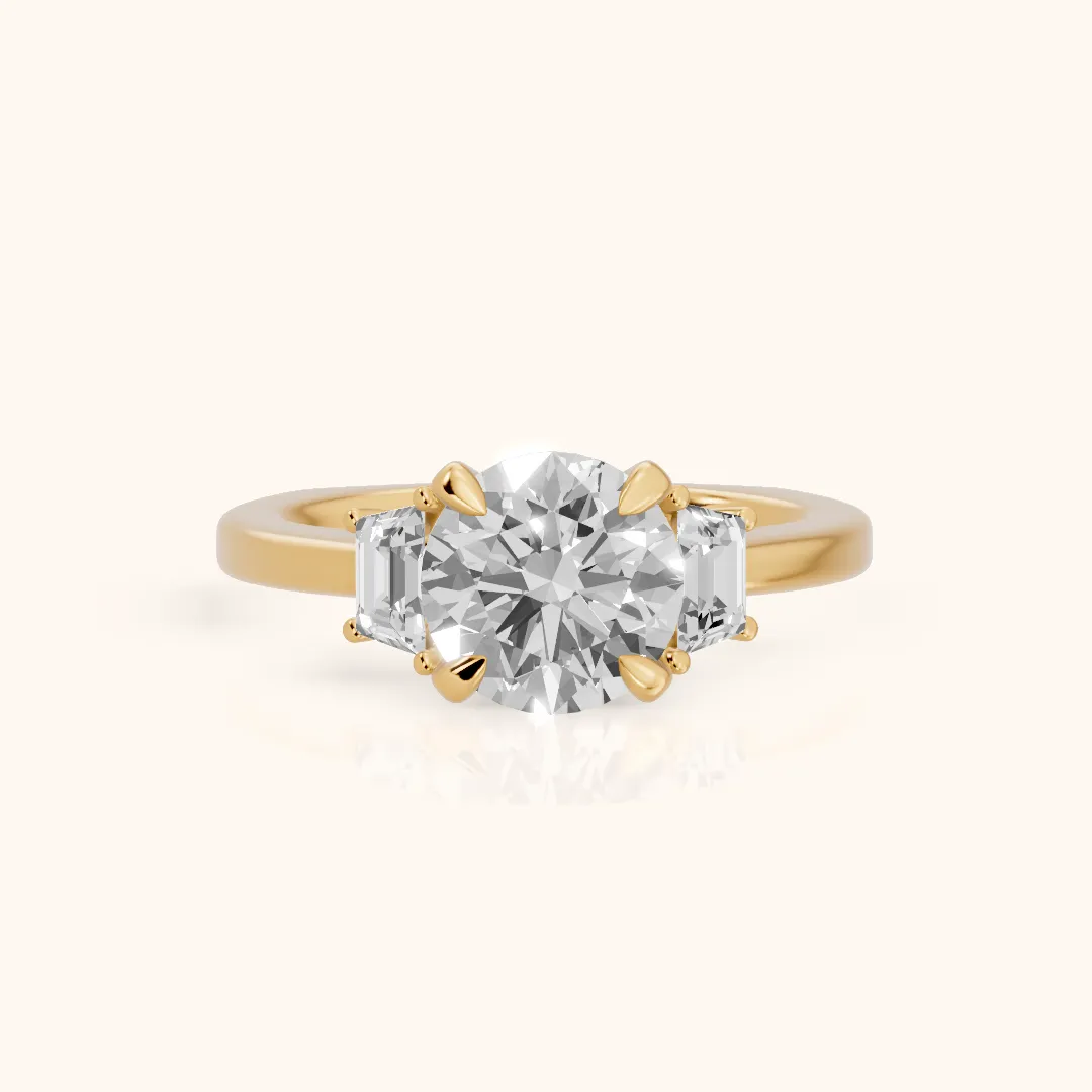 Irvine Trapezoid Three-Stone Round Diamond Engagement Ring in Yellow Gold — view 2