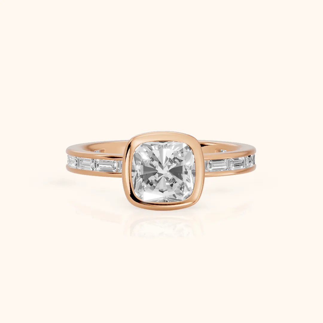 Raleigh Bezel Baguette Cushion Diamond Engagement Ring in Rose Gold — view 2