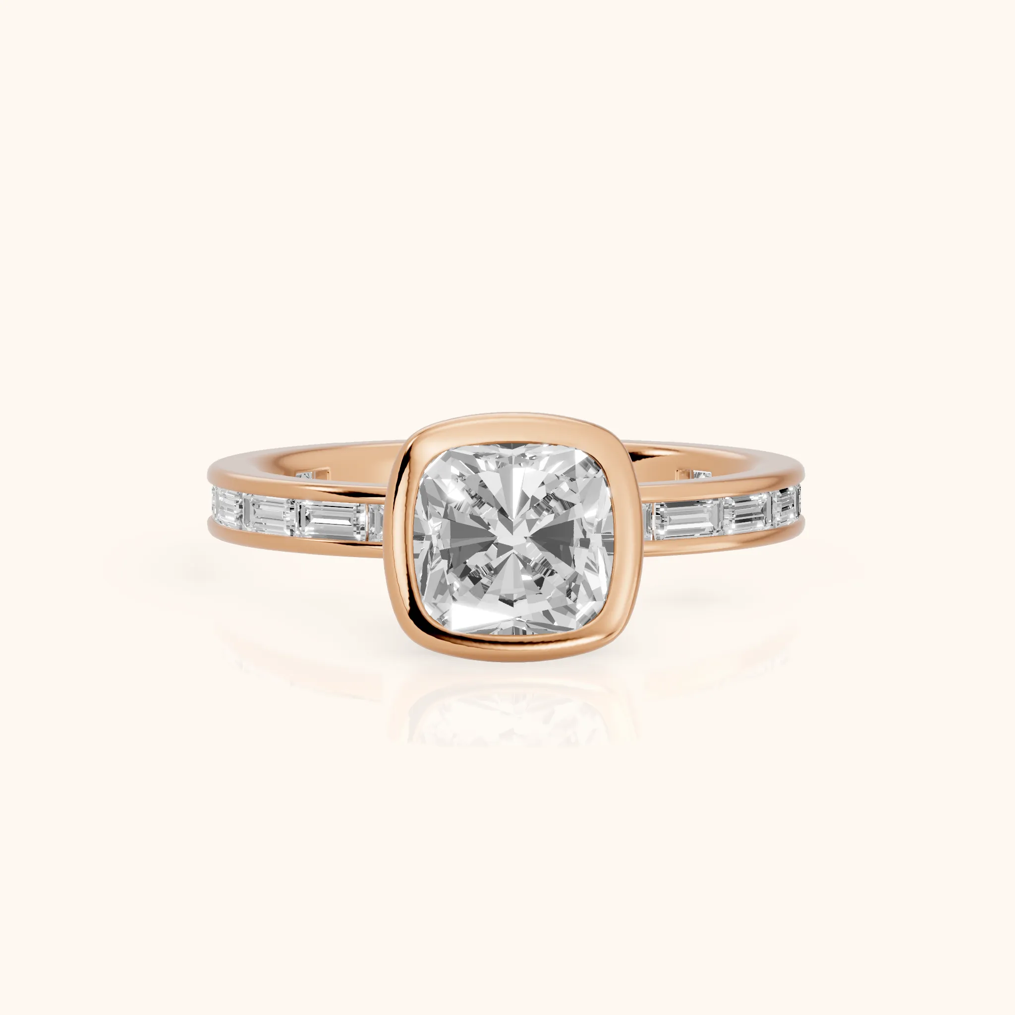 Raleigh Bezel Baguette Cushion Diamond Engagement Ring in Rose Gold — view 1
