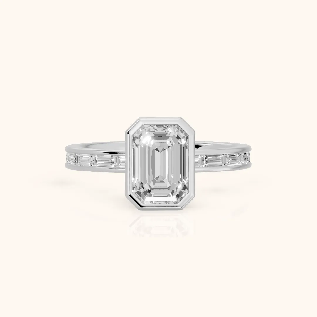 Raleigh Bezel Baguette Emerald Diamond Engagement Ring in Silver — view 2