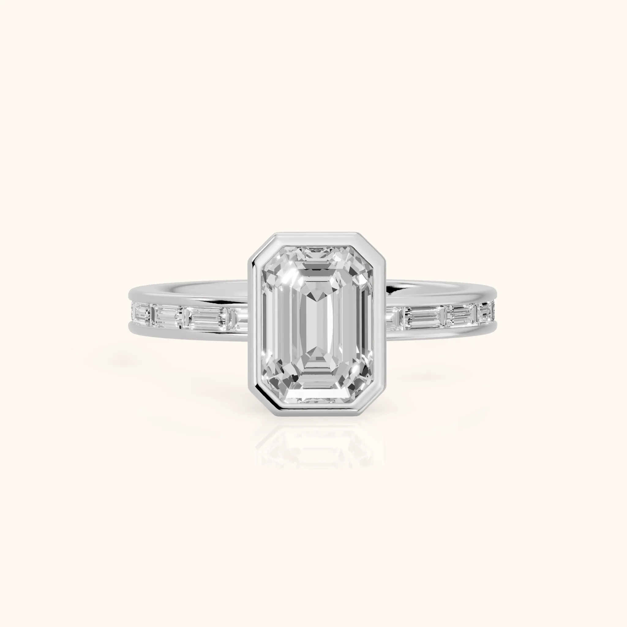 Raleigh Bezel Baguette Emerald Diamond Engagement Ring in Silver — view 1
