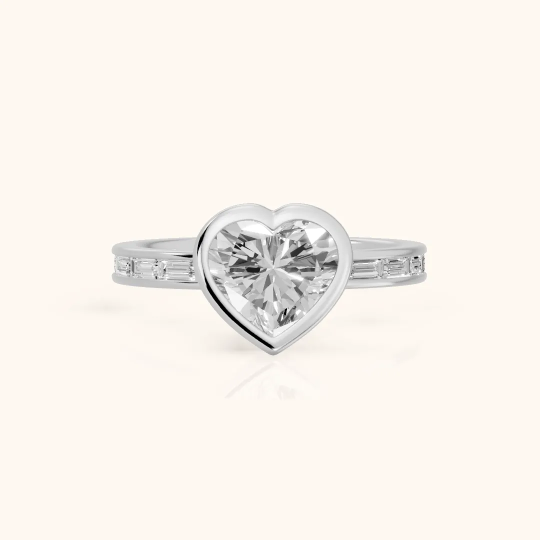 Raleigh Bezel Baguette Heart Diamond Engagement Ring in Silver — view 2