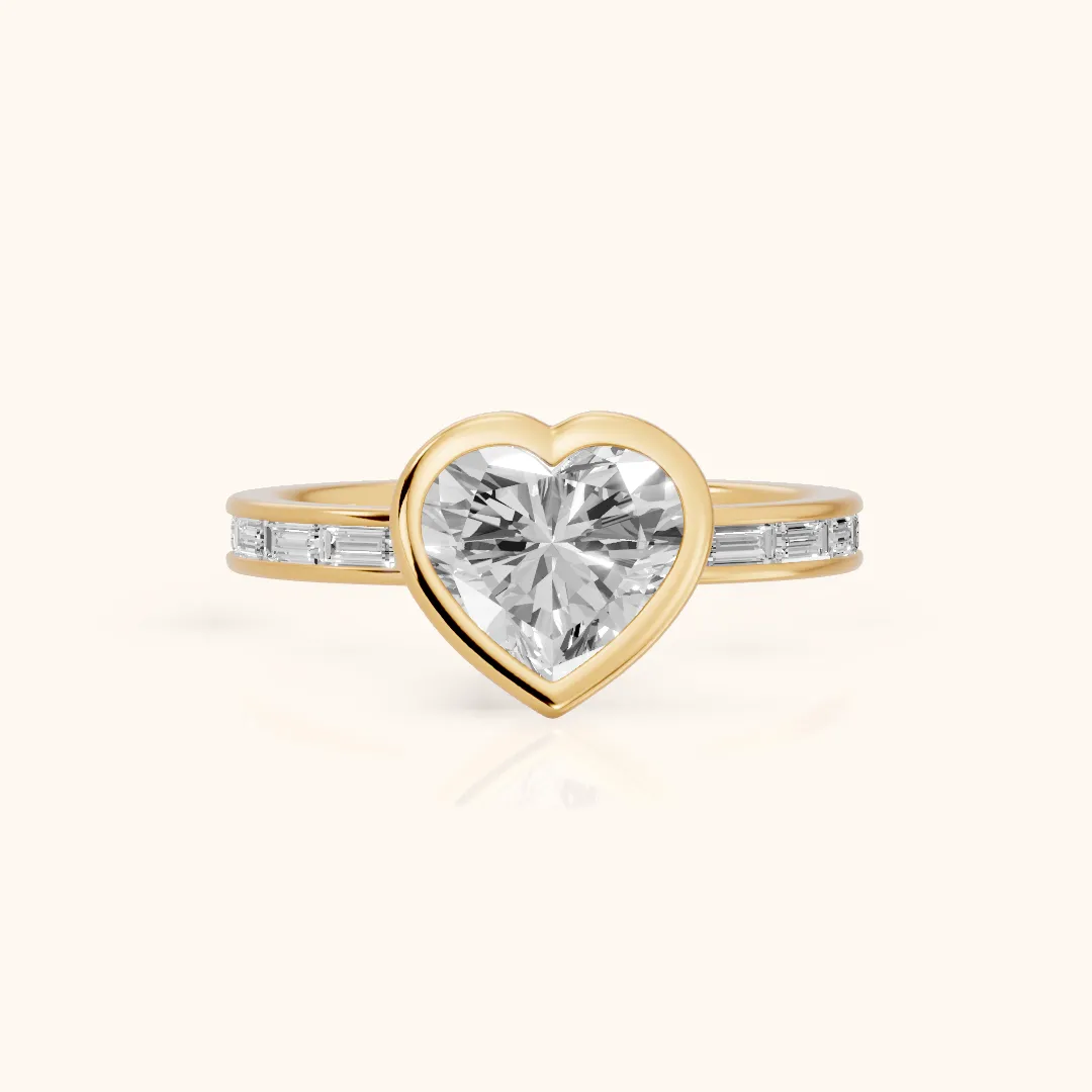 Raleigh Bezel Baguette Heart Diamond Engagement Ring in Yellow Gold — view 2