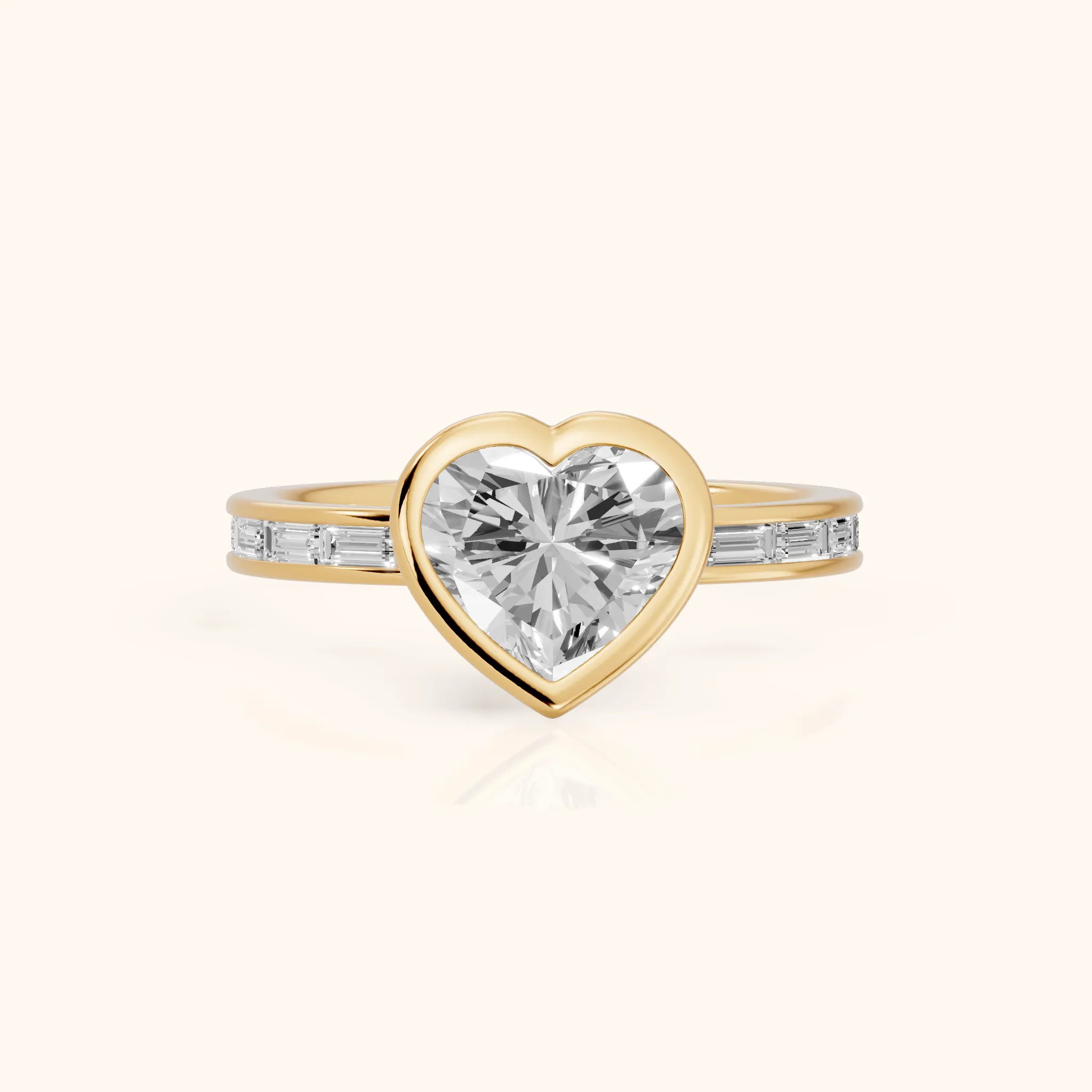 Raleigh Bezel Baguette Heart Diamond Engagement Ring in Yellow Gold — view 1