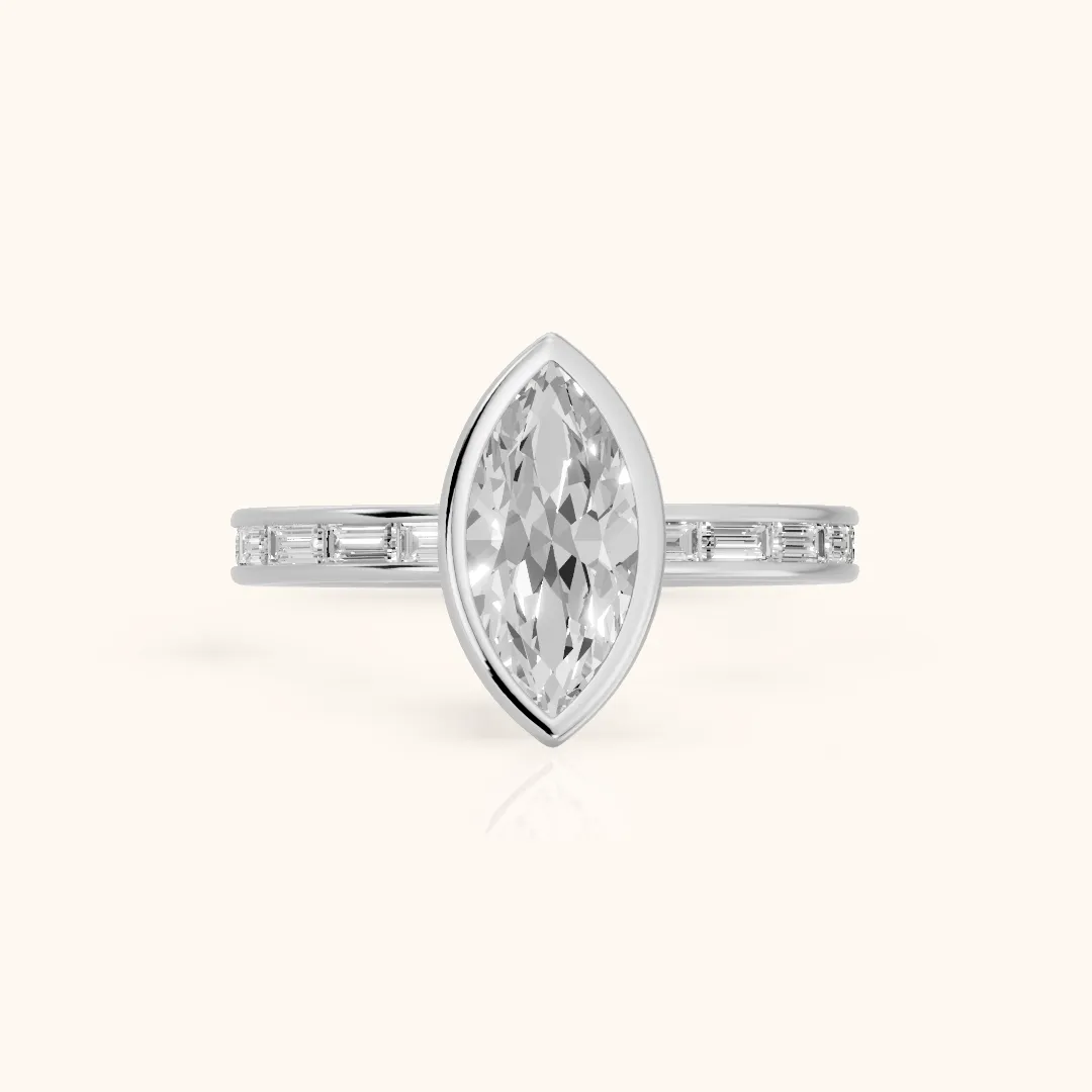 Raleigh Bezel Baguette Marquise Diamond Engagement Ring in Platinum — view 2