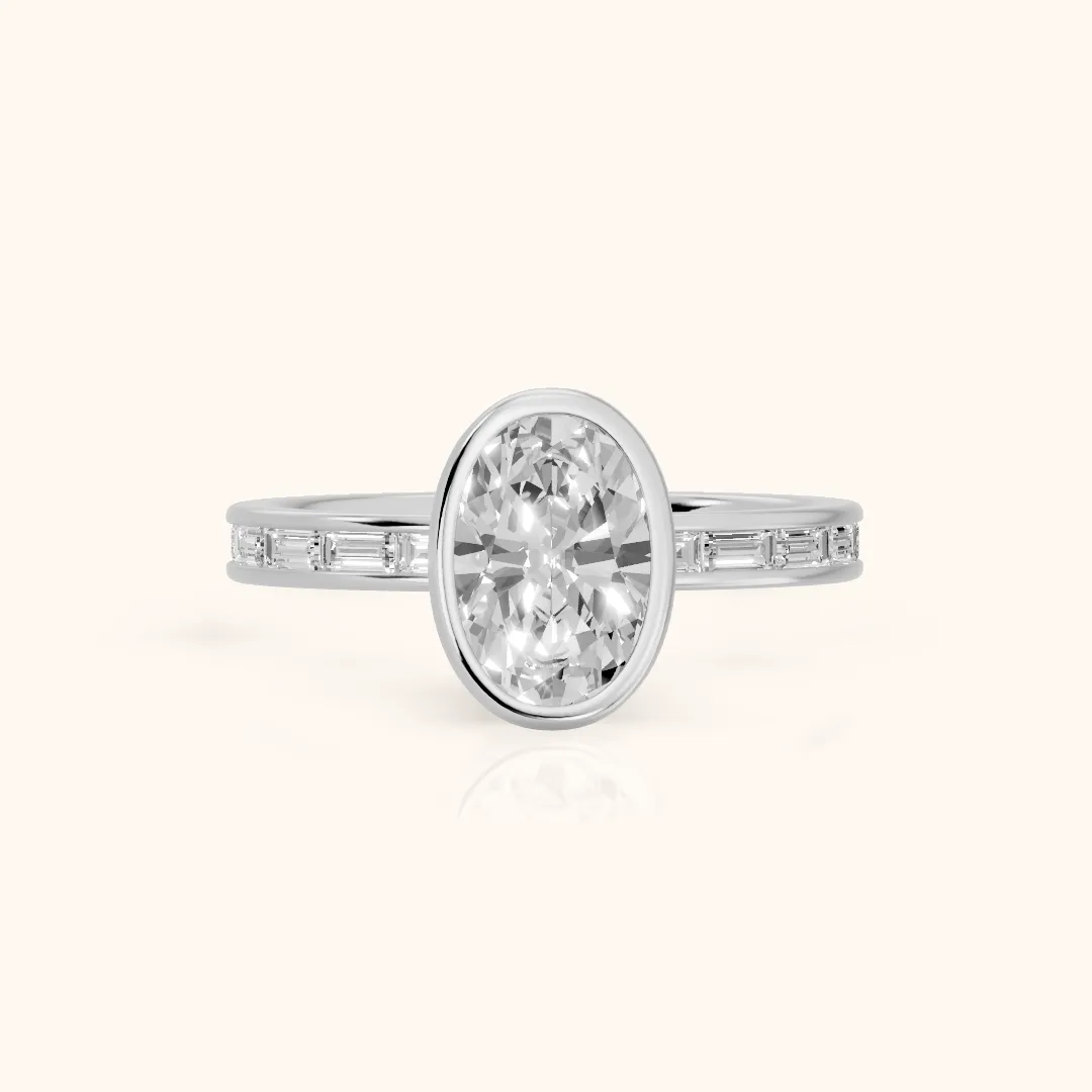 Raleigh Bezel Baguette Oval Diamond Engagement Ring in Platinum — view 2