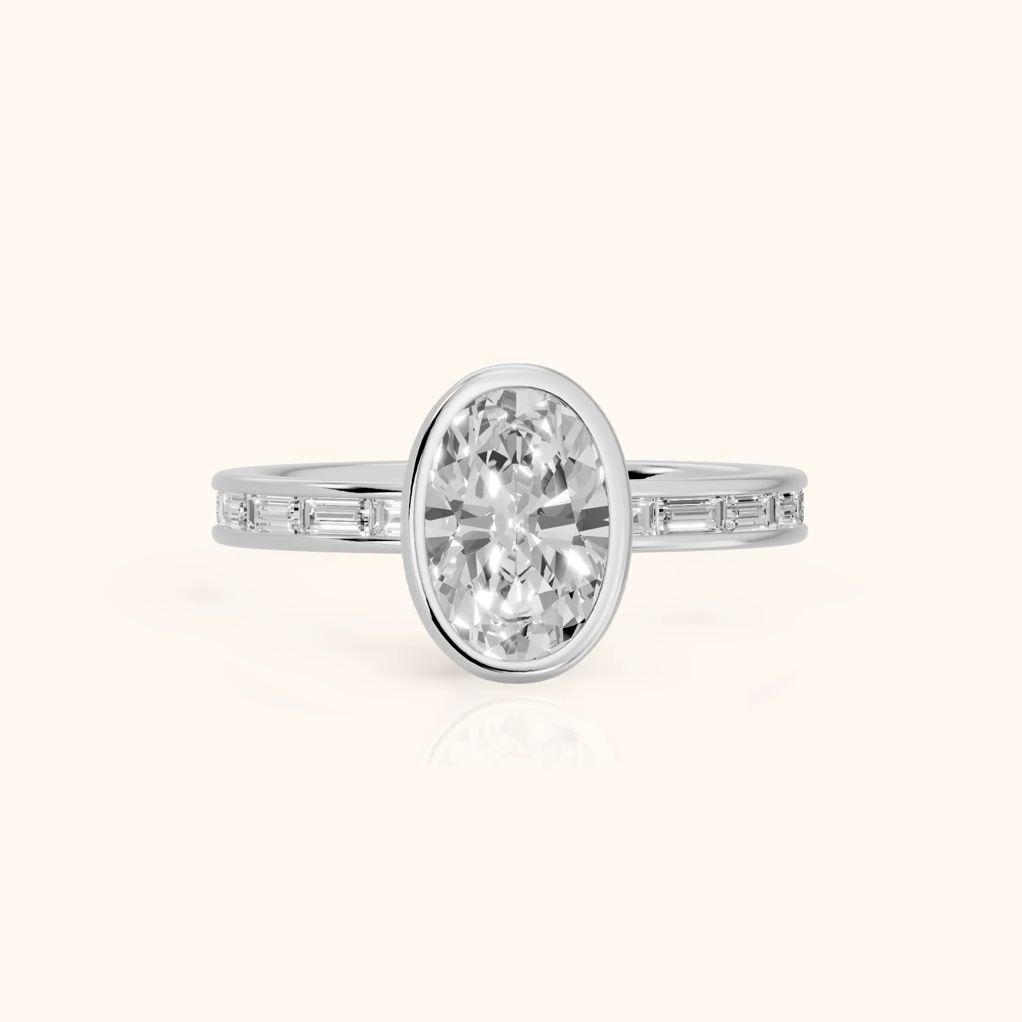 Raleigh Bezel Baguette Oval Diamond Engagement Ring in Platinum — view 1