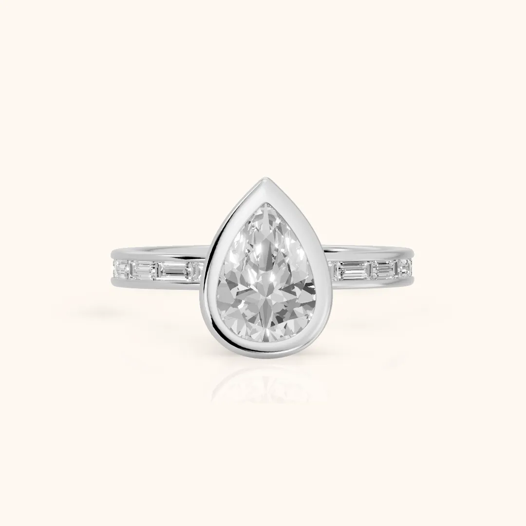 Raleigh Bezel Baguette Pear Diamond Engagement Ring in Silver — view 2