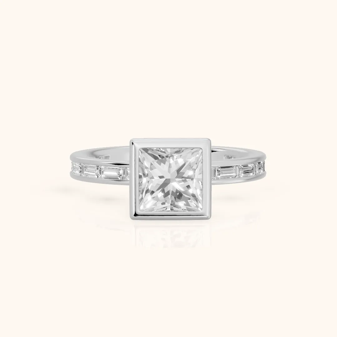 Raleigh Bezel Baguette Princess Diamond Engagement Ring in Silver — view 2