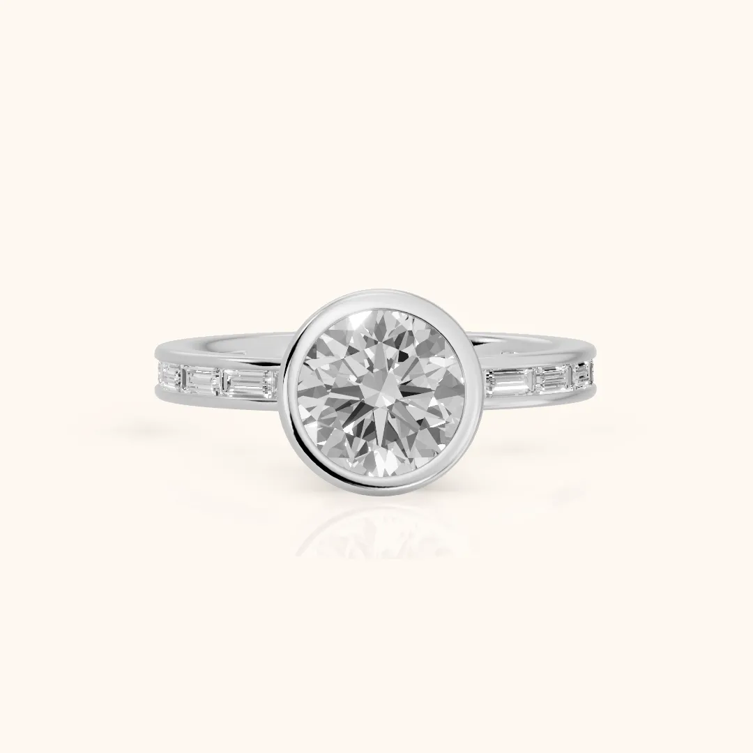 Raleigh Bezel Baguette Round Diamond Engagement Ring in White Gold — view 2
