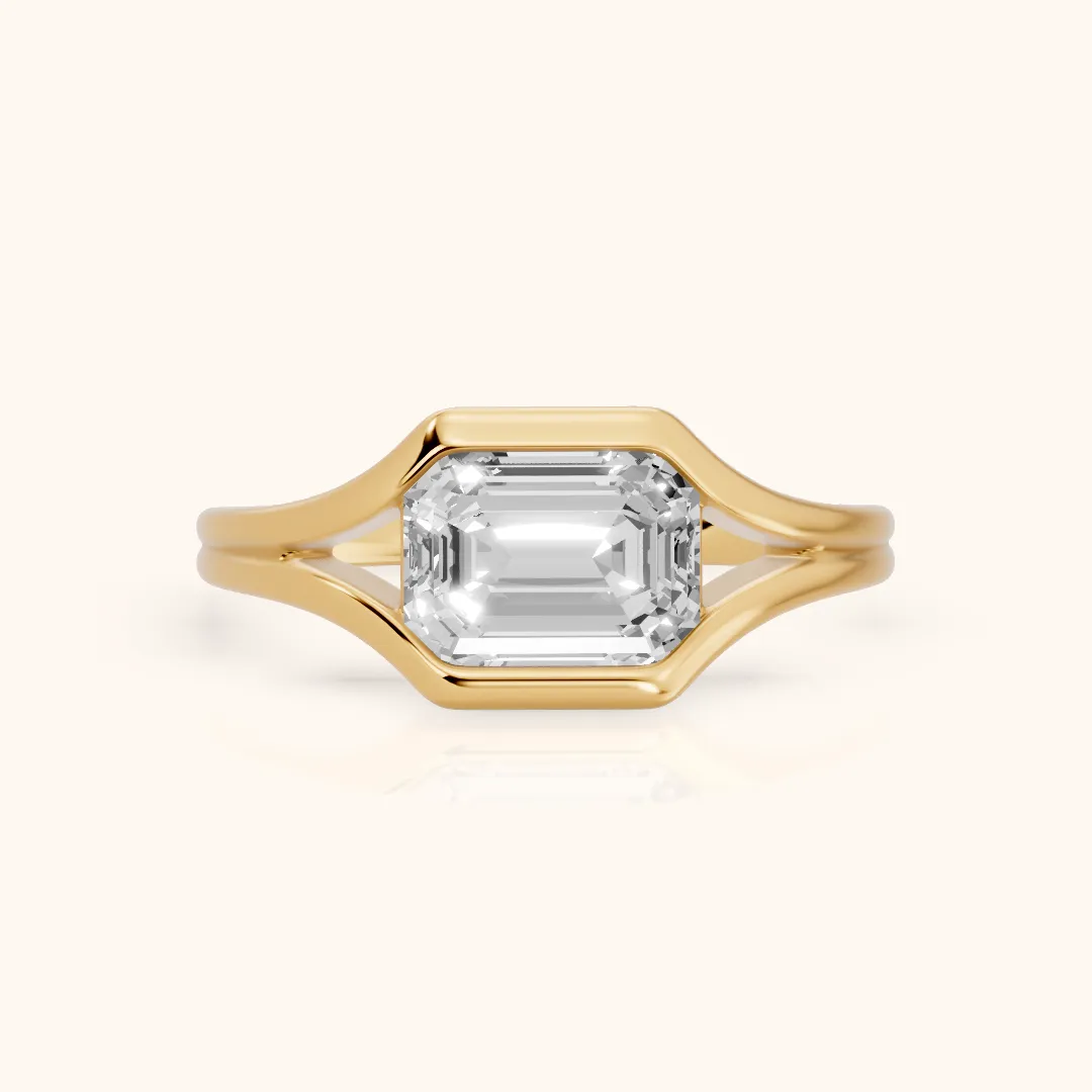 Windsor Half Bezel Solitaire Emerald Diamond Engagement Ring in Yellow Gold — view 2