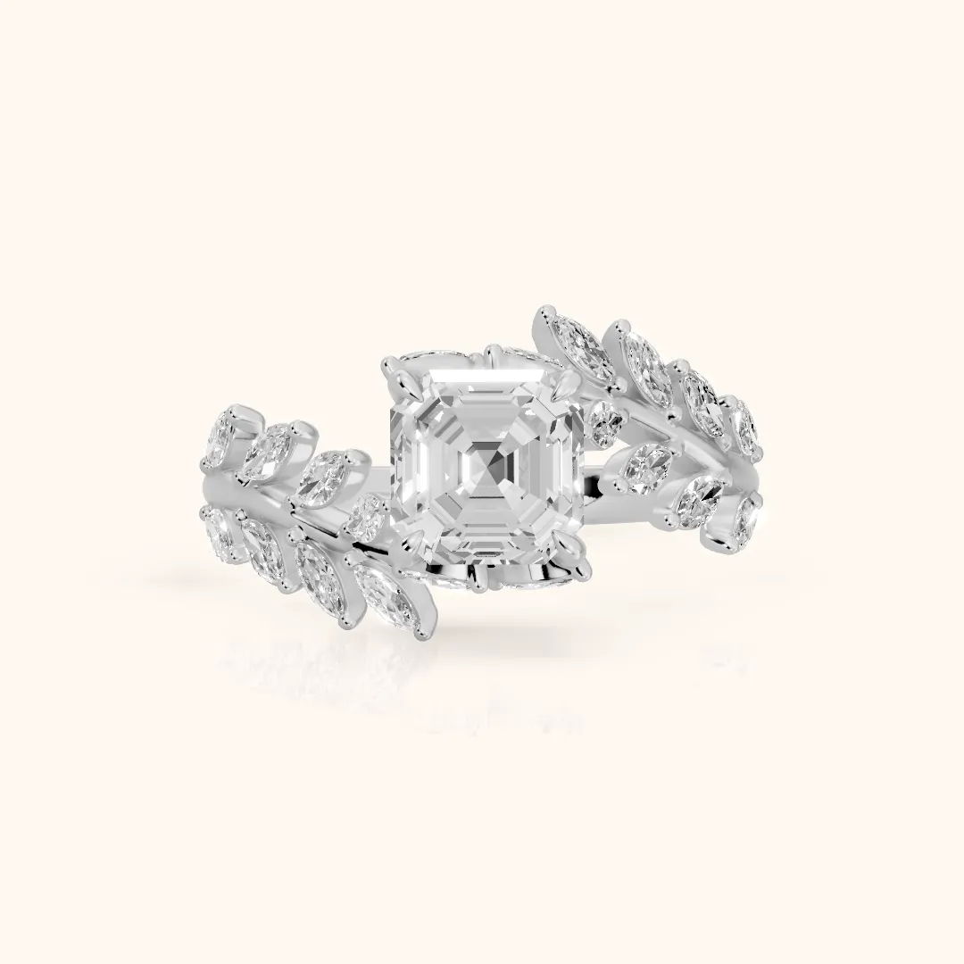 Clarion Leaf Bypass Asscher Diamond Engagement Ring in White Gold — view 2