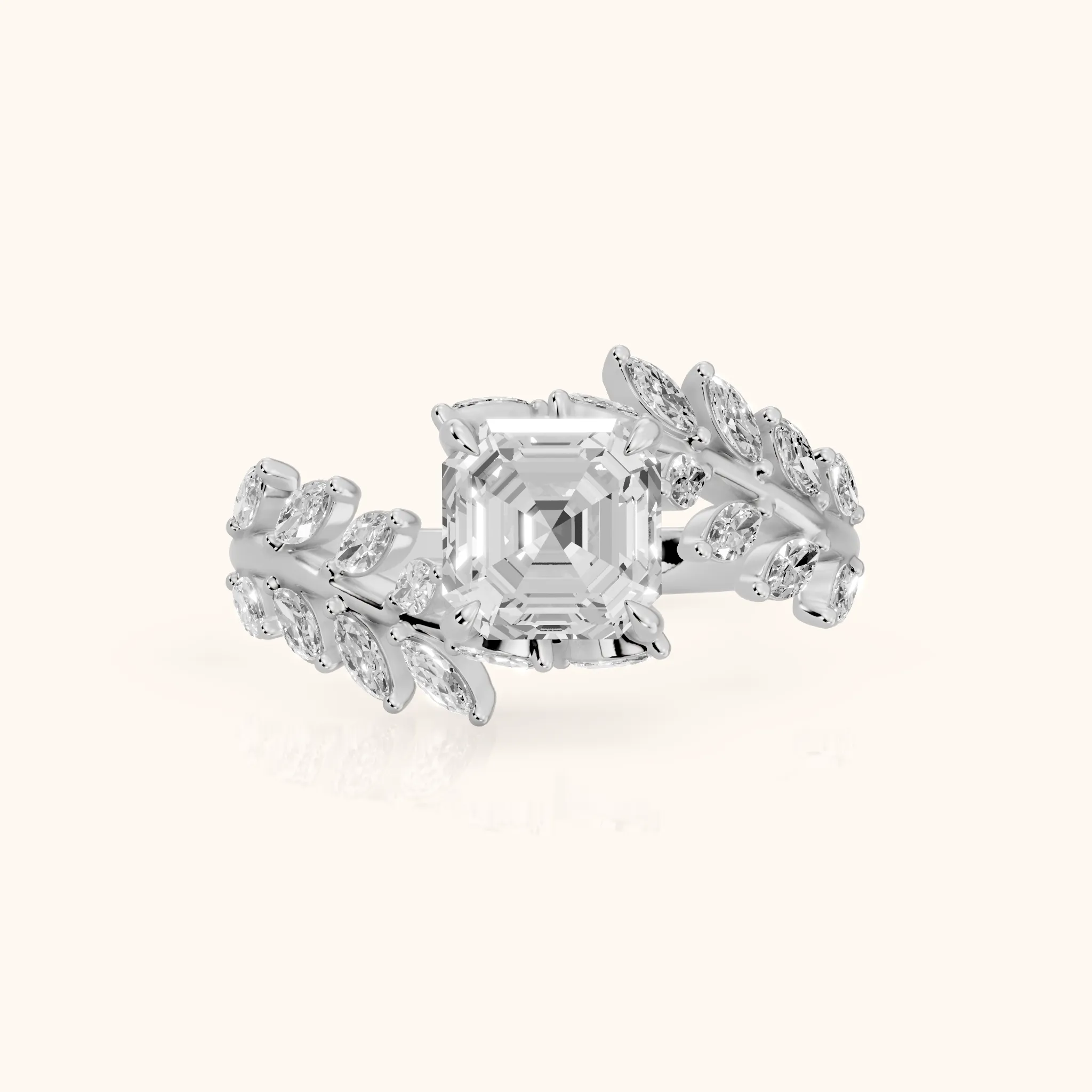 Clarion Leaf Bypass Asscher Diamond Engagement Ring in White Gold — view 1