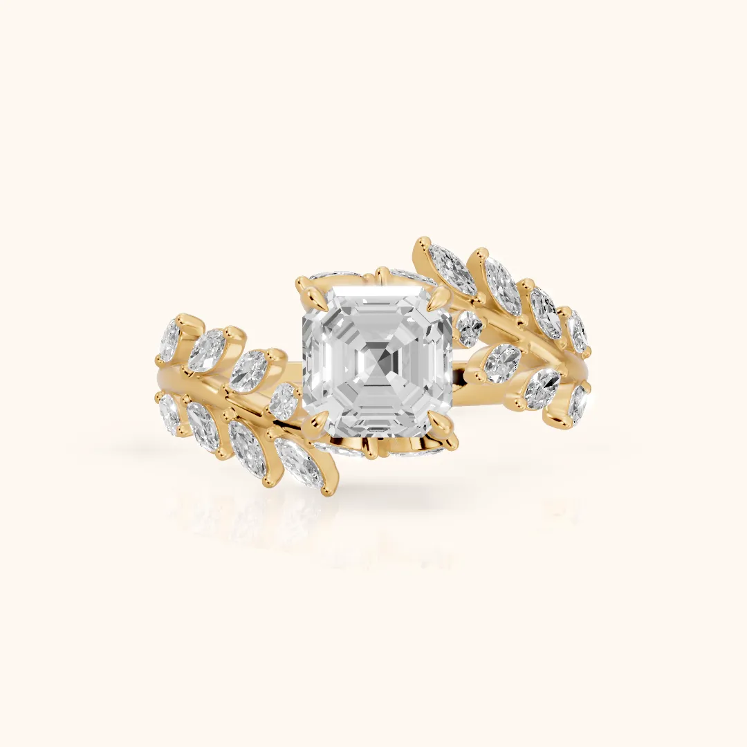 Clarion Leaf Bypass Asscher Diamond Engagement Ring in Yellow Gold — view 2