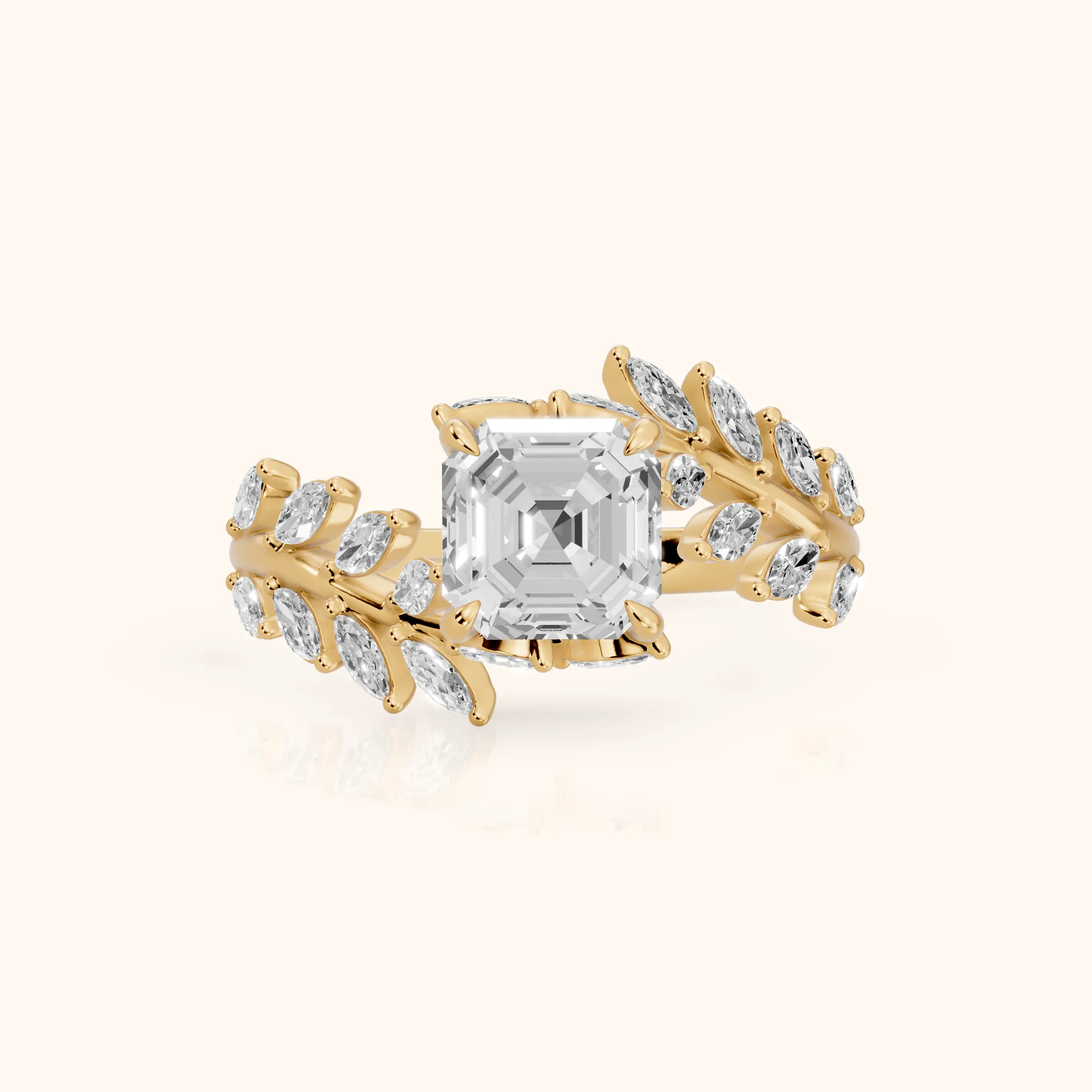 Clarion Leaf Bypass Asscher Diamond Engagement Ring in Yellow Gold — view 1