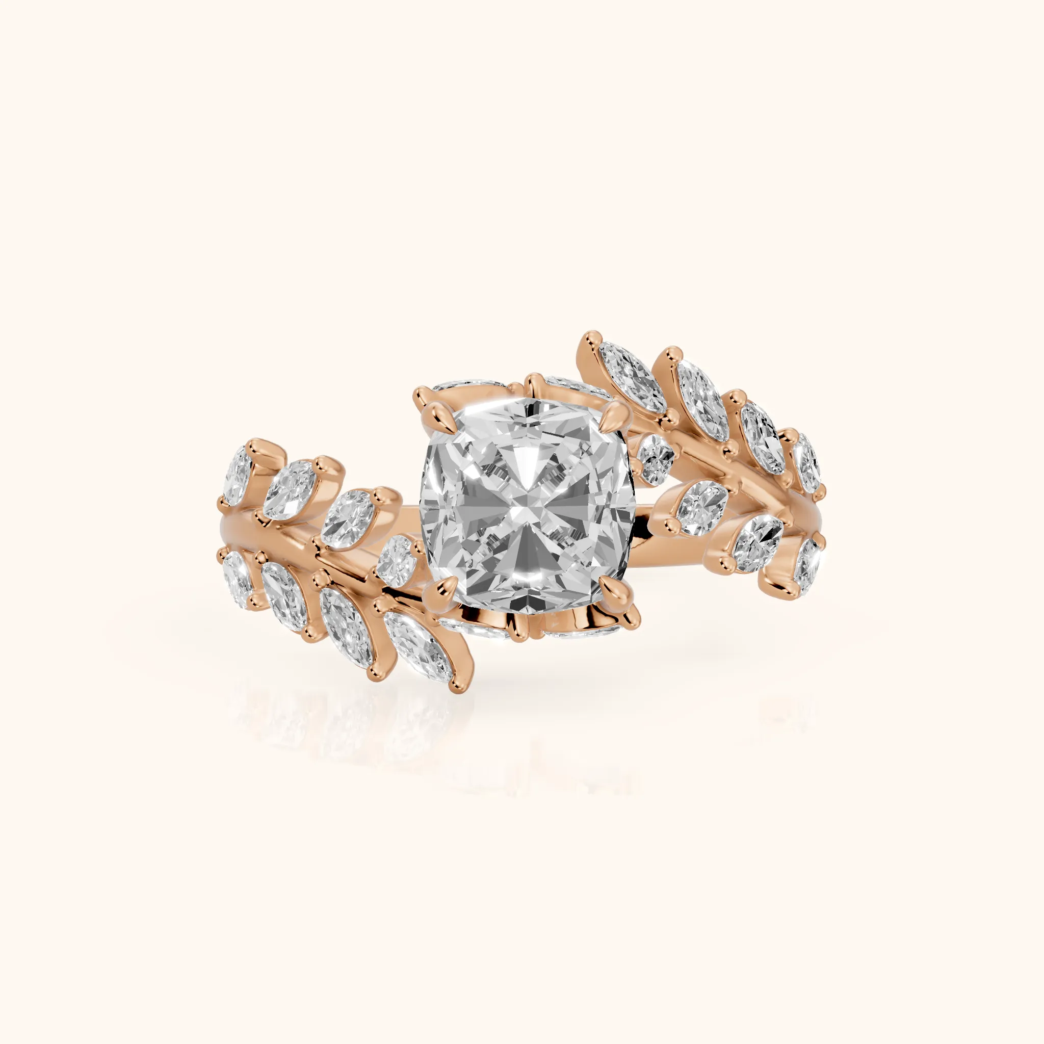 Clarion Leaf Bypass Cushion Diamond Engagement Ring in Rose Gold — view 1
