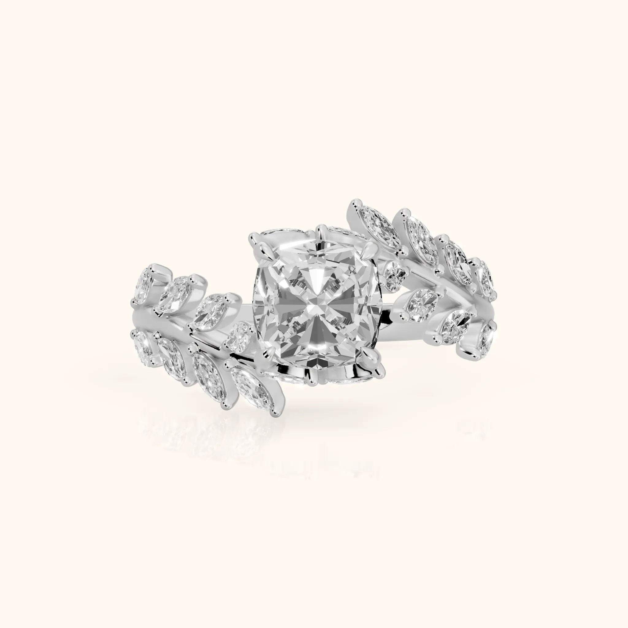 Clarion Leaf Bypass Cushion Diamond Engagement Ring in White Gold — view 1
