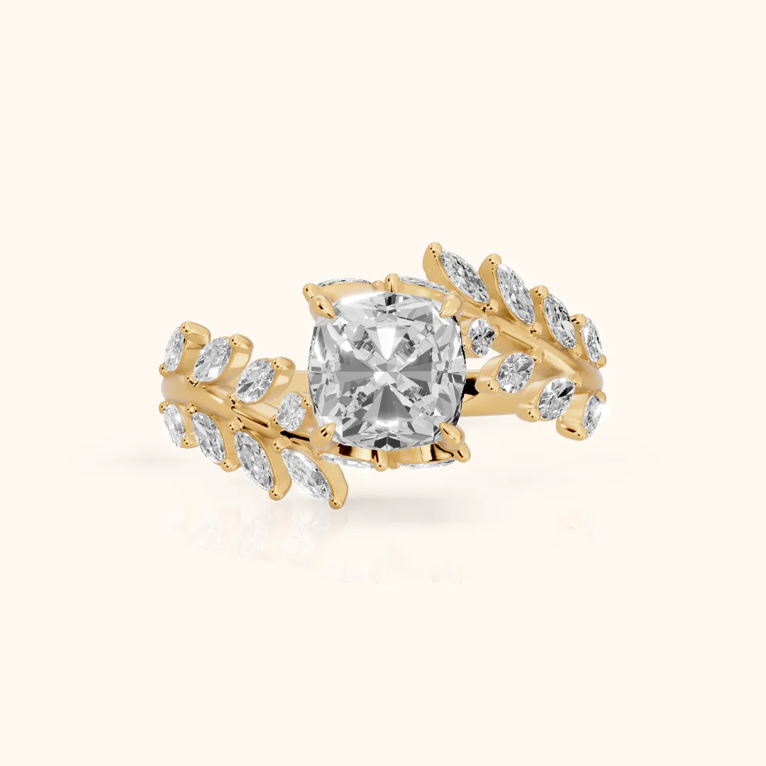 Clarion Leaf Bypass Cushion Diamond Engagement Ring in Yellow Gold — view 2
