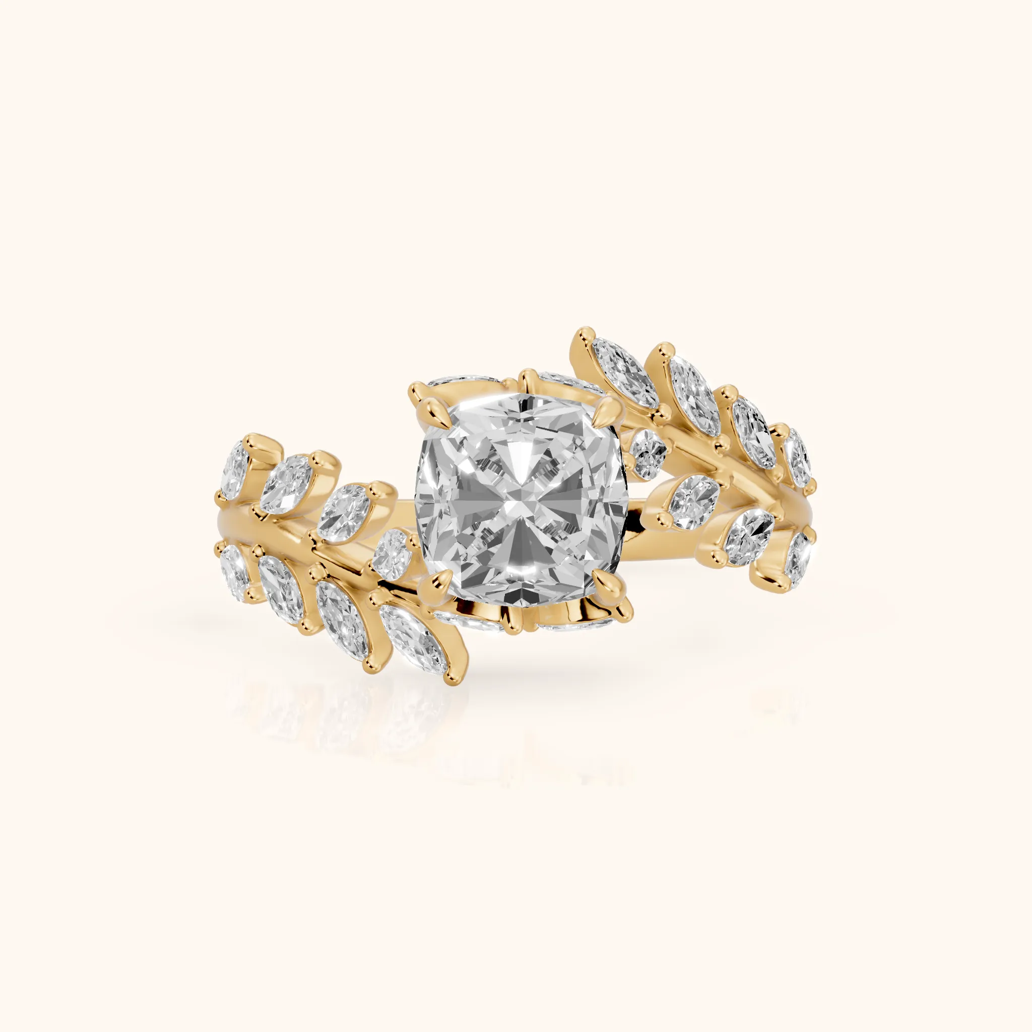 Clarion Leaf Bypass Cushion Diamond Engagement Ring in Yellow Gold — view 1