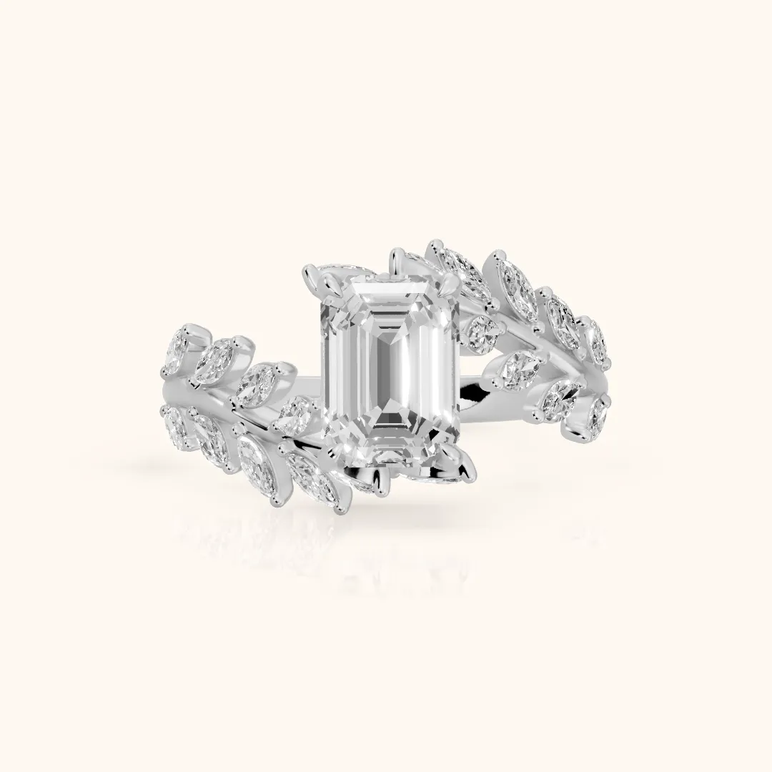 Clarion Leaf Bypass Emerald Diamond Engagement Ring in Silver — view 2