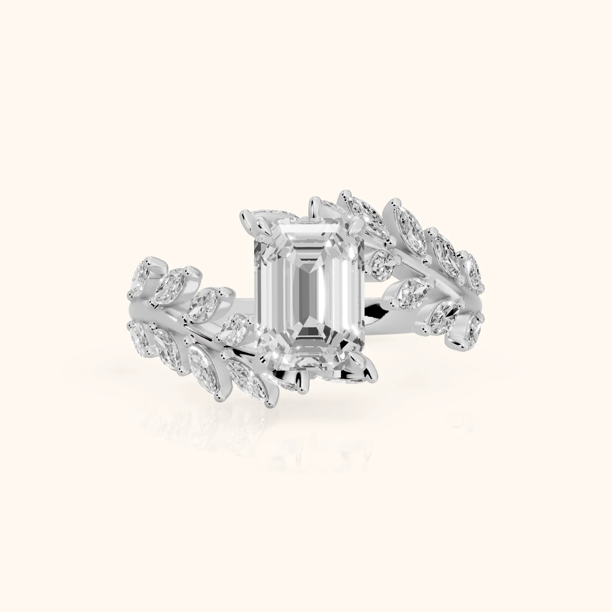 Clarion Leaf Bypass Emerald Diamond Engagement Ring in Silver — view 1