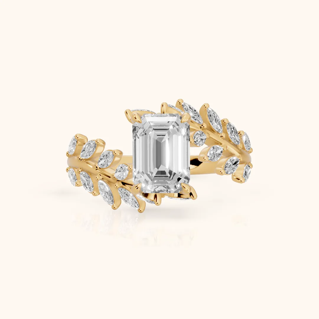 Clarion Leaf Bypass Emerald Diamond Engagement Ring in Yellow Gold — view 2
