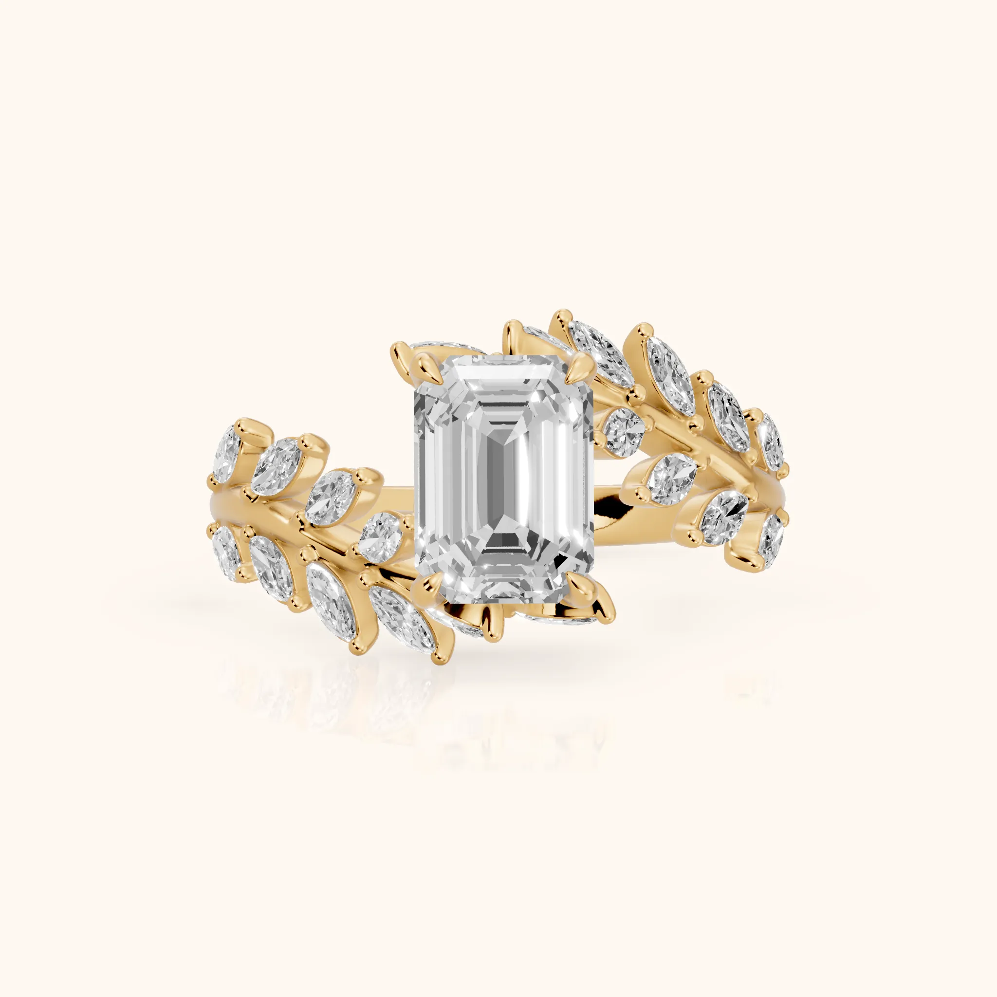 Clarion Leaf Bypass Emerald Diamond Engagement Ring in Yellow Gold — view 1