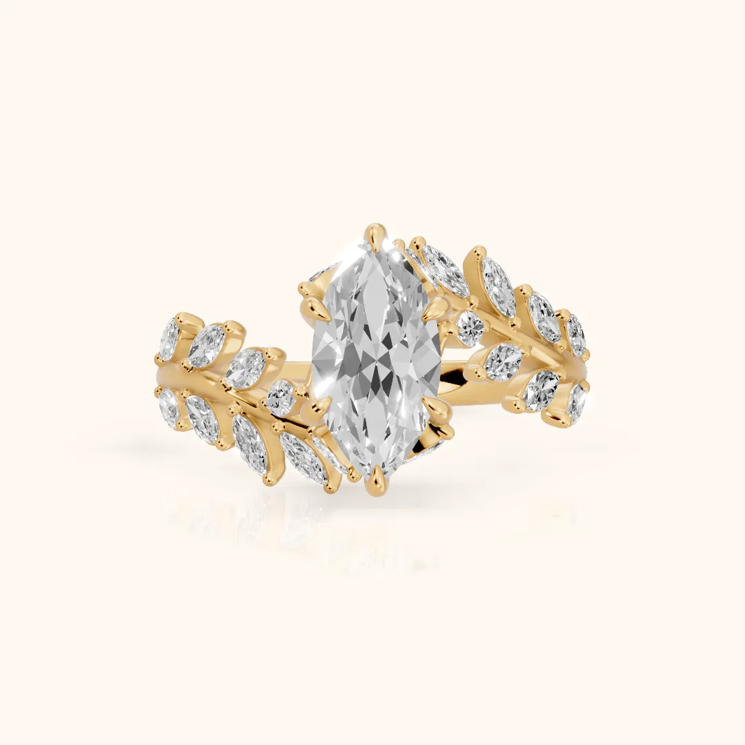 Clarion Leaf Bypass Marquise Diamond Engagement Ring in Yellow Gold — view 2