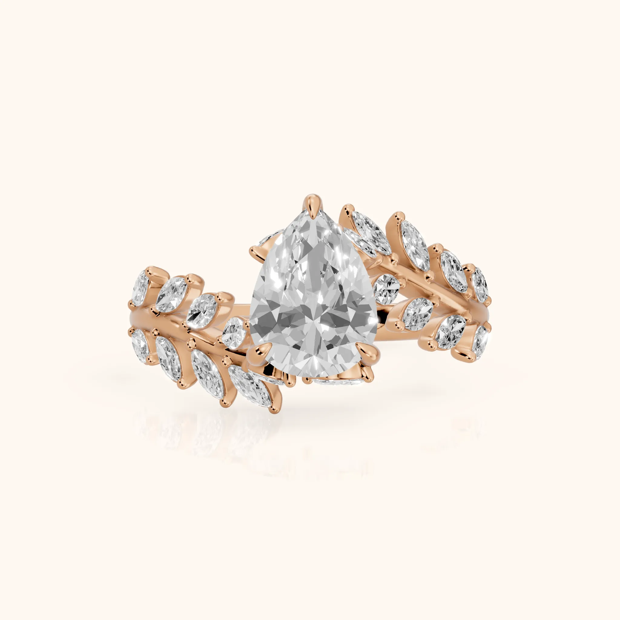Clarion Leaf Bypass Pear Diamond Engagement Ring in Rose Gold — view 1