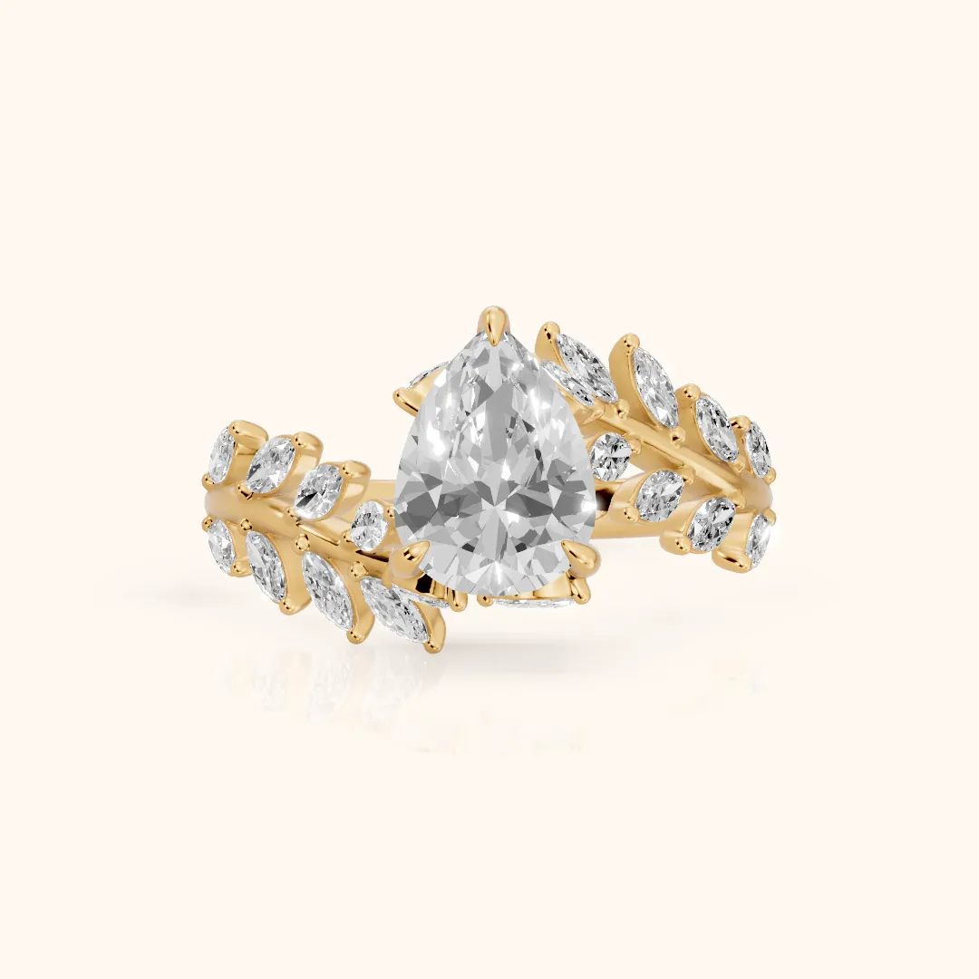 Clarion Leaf Bypass Pear Diamond Engagement Ring in Yellow Gold — view 2