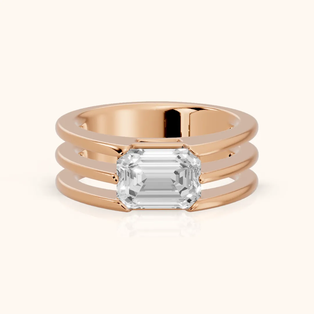 Beverly East-West Solitaire Emerald Diamond Engagement Ring in Rose Gold — view 2