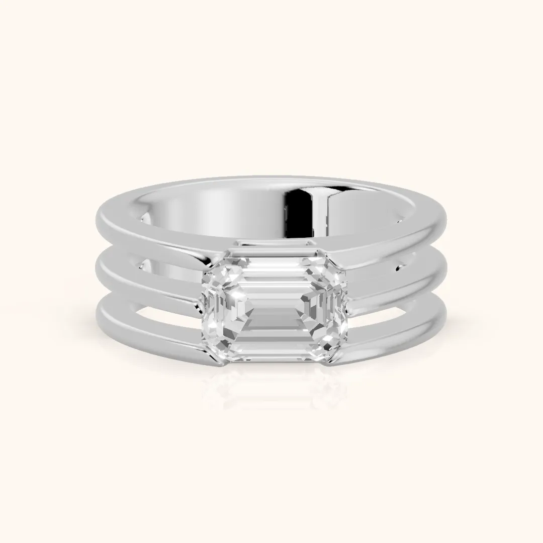 Beverly East-West Solitaire Emerald Diamond Engagement Ring in Silver — view 2