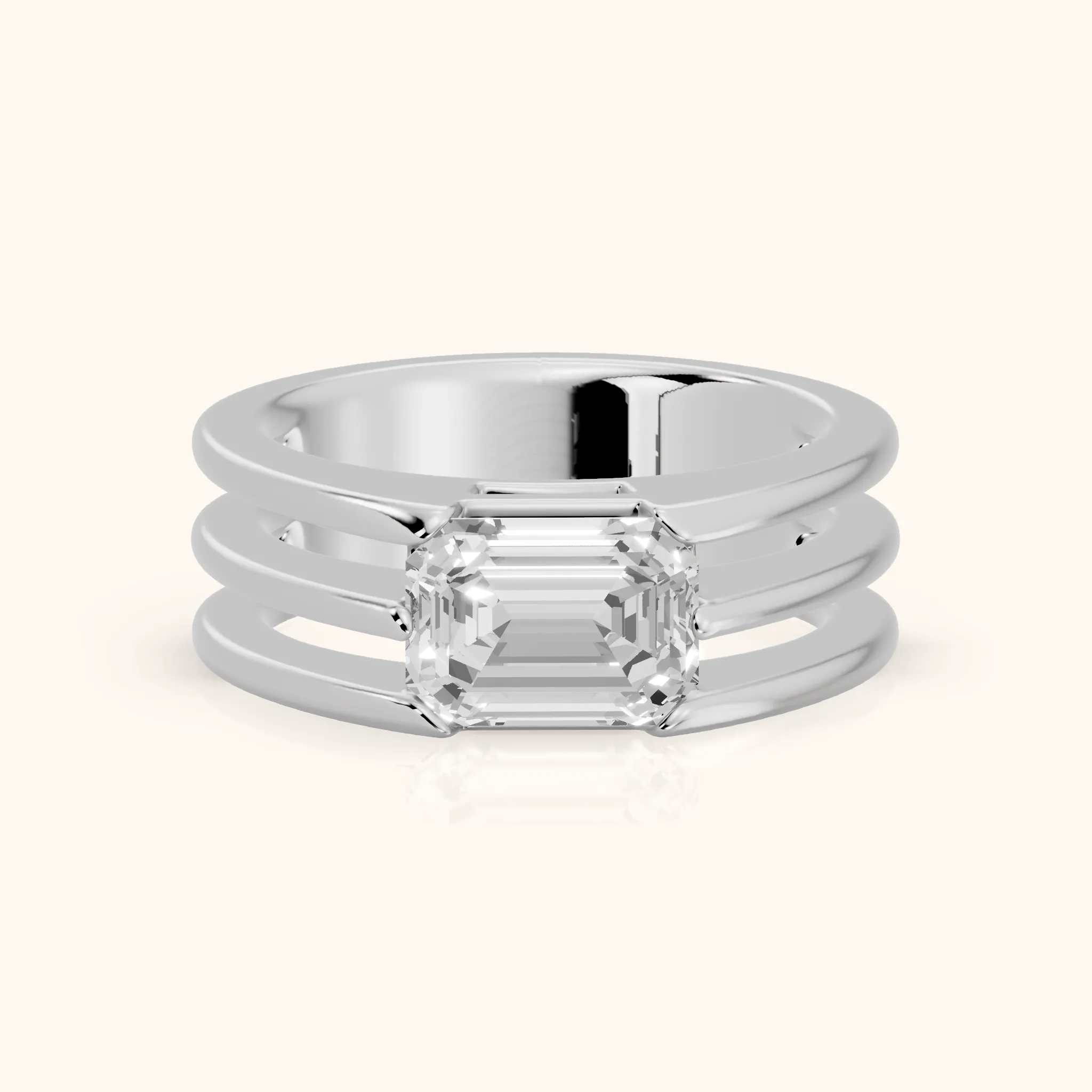 Beverly East-West Solitaire Emerald Diamond Engagement Ring in Silver — view 1