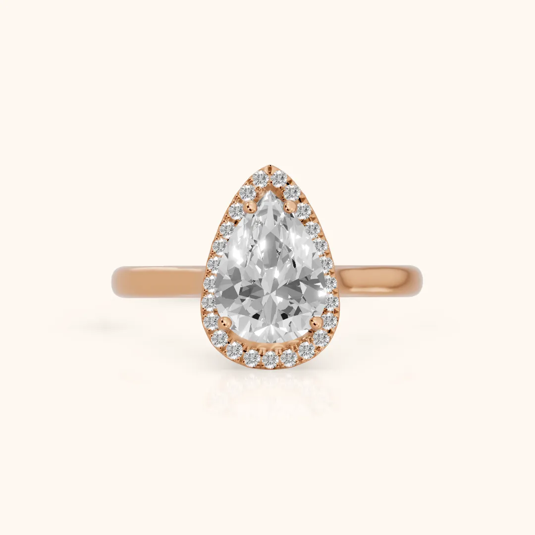 Melrose Halo Cathedral Pear Diamond Engagement Ring in Rose Gold — view 2