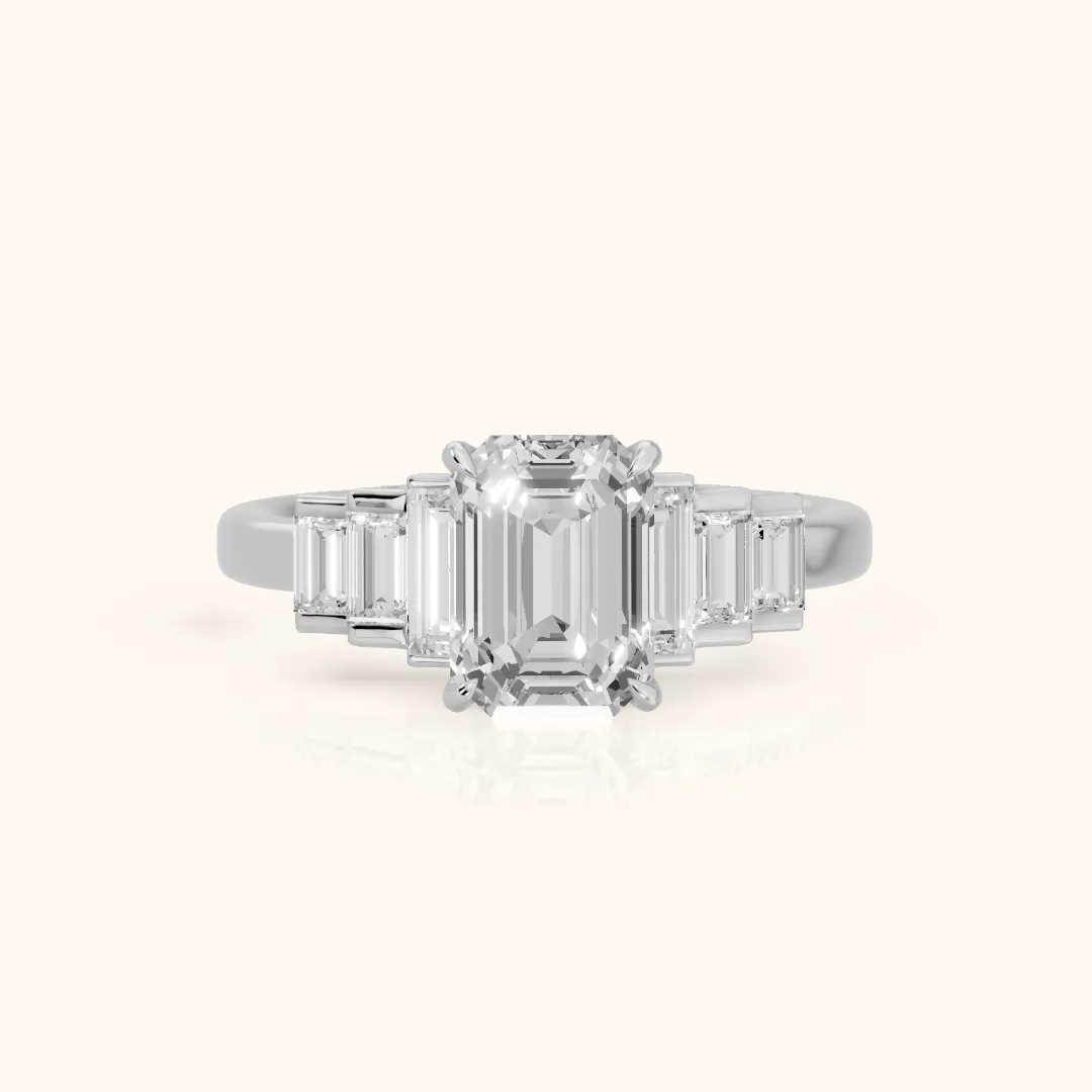 Riviera Graduated Baguette Emerald Diamond Engagement Ring in Platinum — view 2