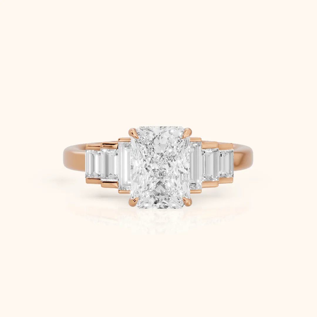 Riviera Graduated Baguette Radiant Diamond Engagement Ring in Rose Gold — view 2