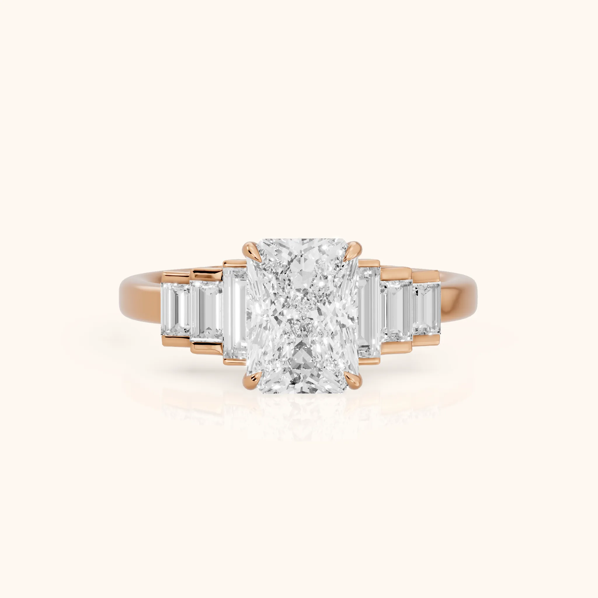 Riviera Graduated Baguette Radiant Diamond Engagement Ring in Rose Gold — view 1