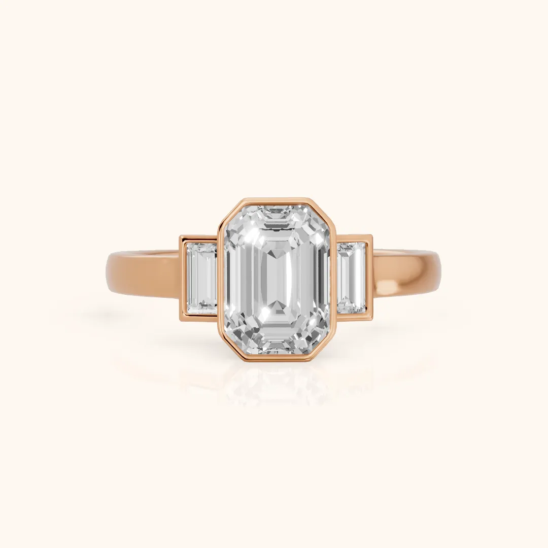 Paia Bezel Three-Stone Emerald Diamond Engagement Ring in Rose Gold — view 2