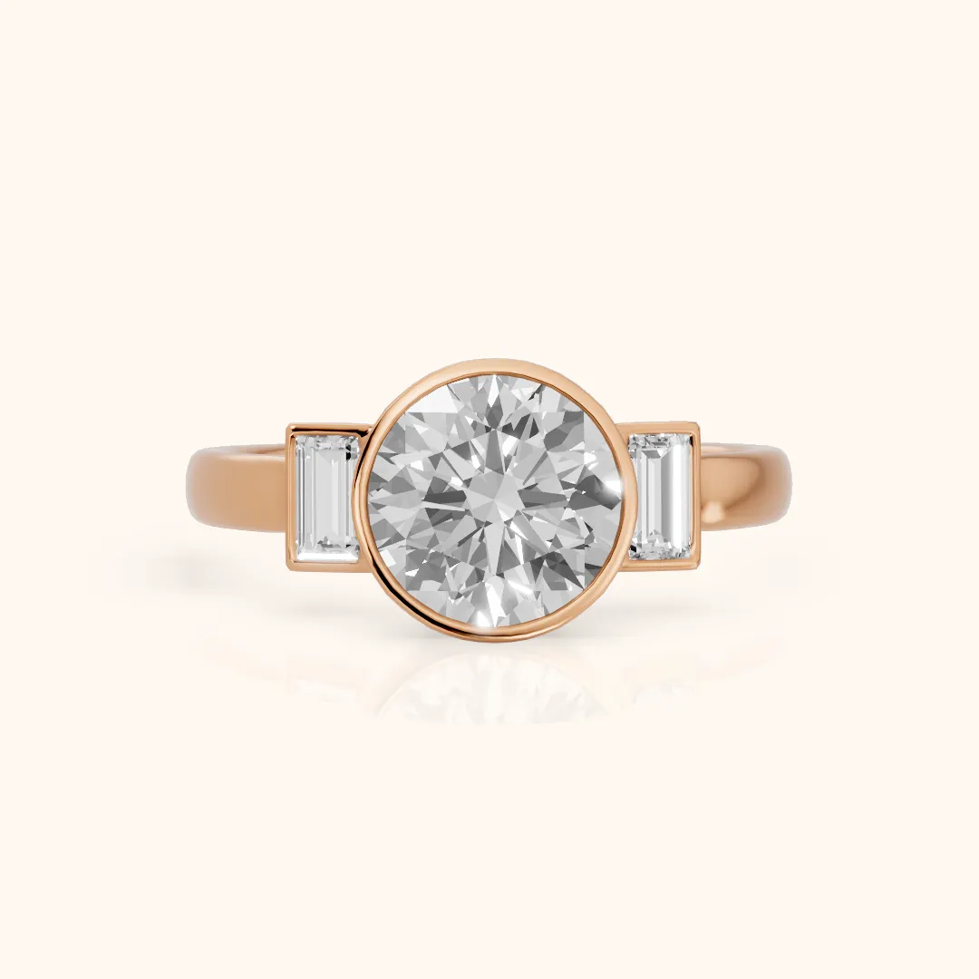 Paia Bezel Three-Stone Round Diamond Engagement Ring in Rose Gold — view 2