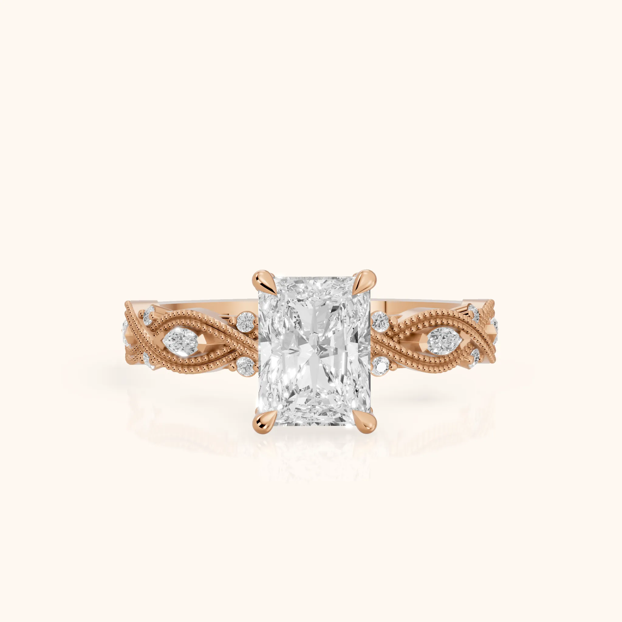 Vero Vintage Twist Radiant Diamond Engagement Ring in Rose Gold — view 1