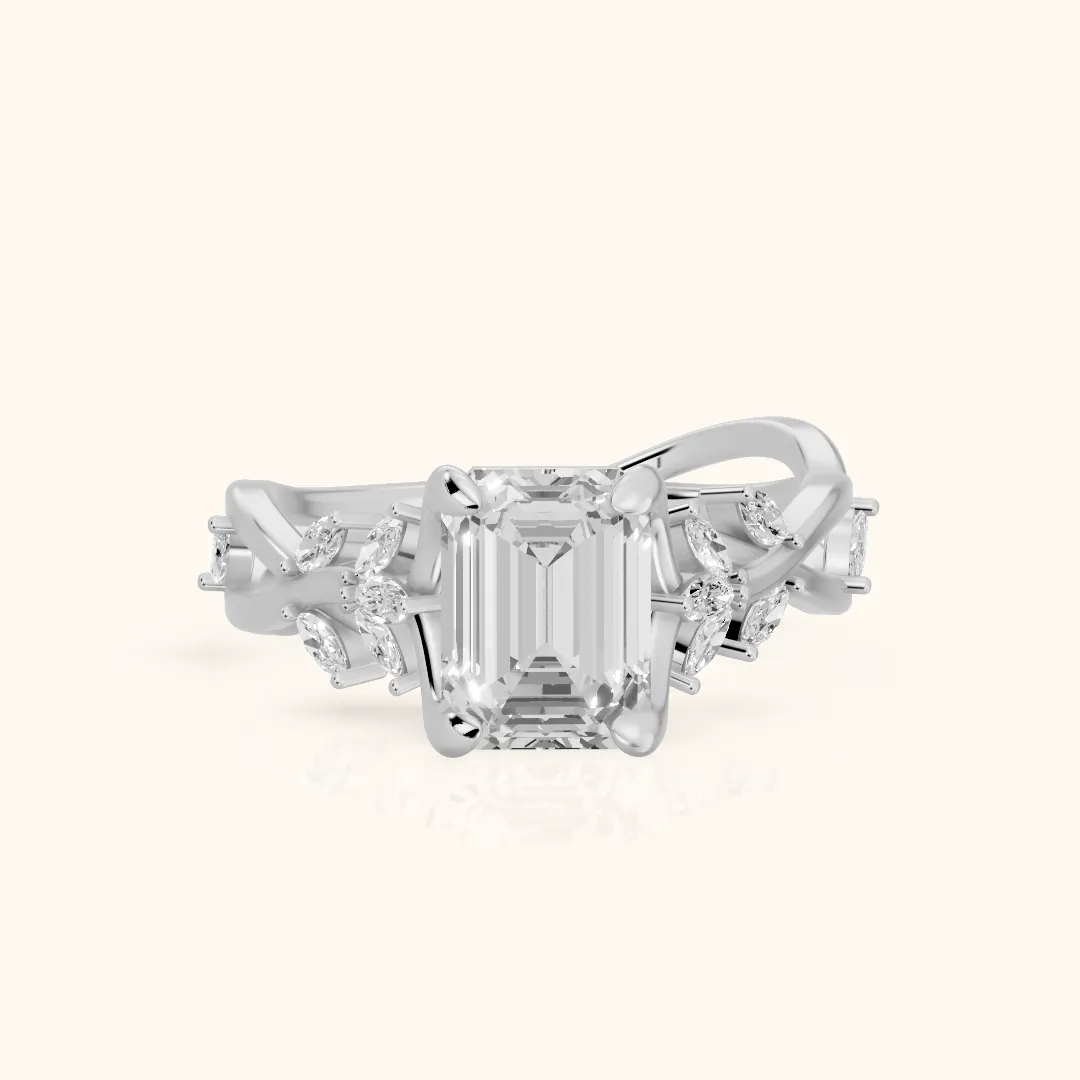 Kona Leaf Twist Emerald Diamond Engagement Ring in Silver — view 2