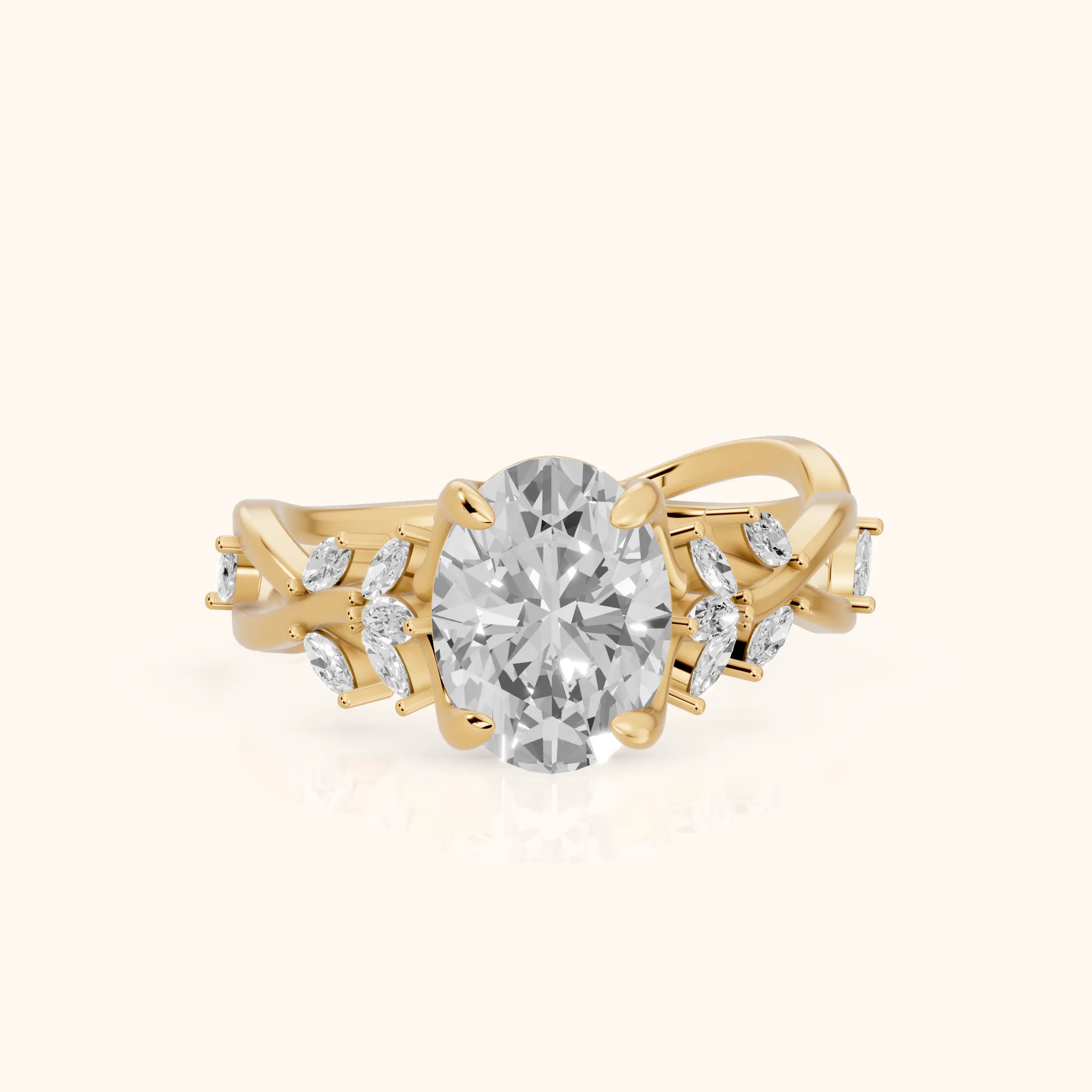 Kona Leaf Twist Oval Diamond Engagement Ring in Yellow Gold — view 1