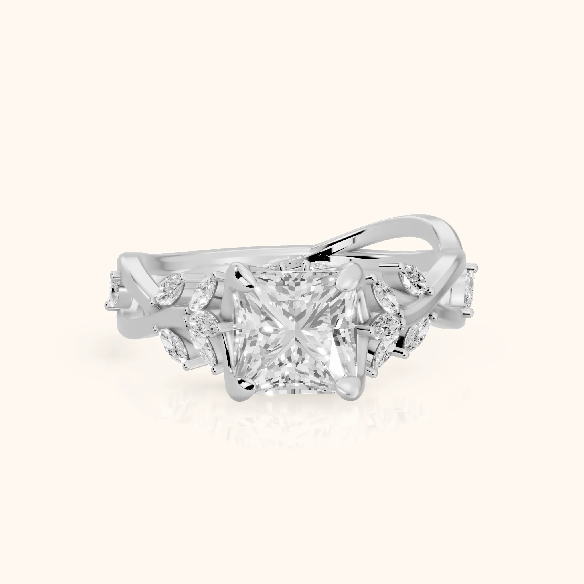 Kona Leaf Twist Princess Diamond Engagement Ring in Platinum — view 1