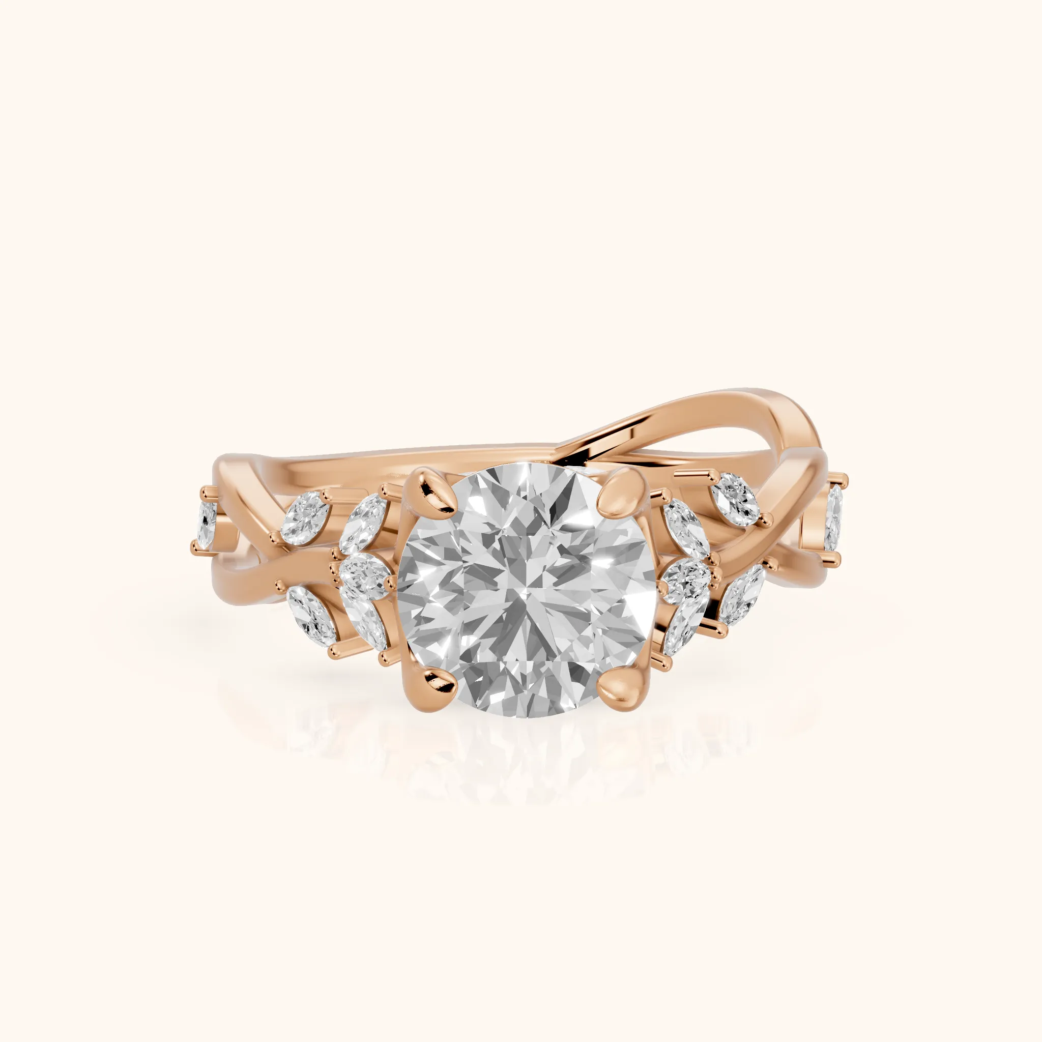 Kona Leaf Twist Round Diamond Engagement Ring in Rose Gold — view 1