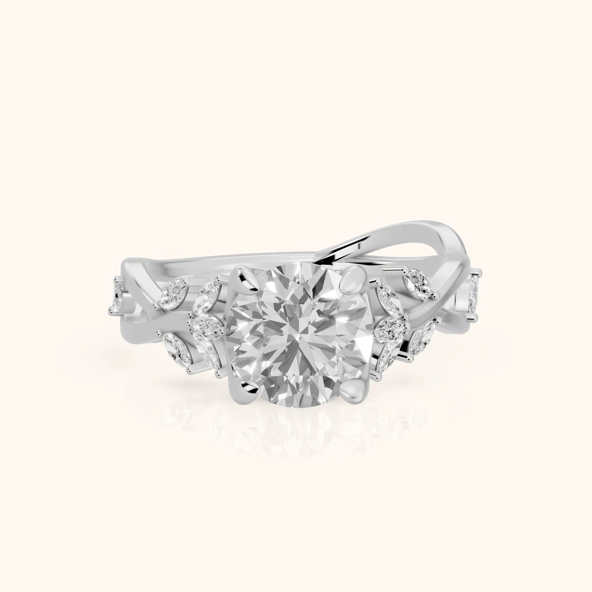 Kona Leaf Twist Round Diamond Engagement Ring in Platinum — view 1