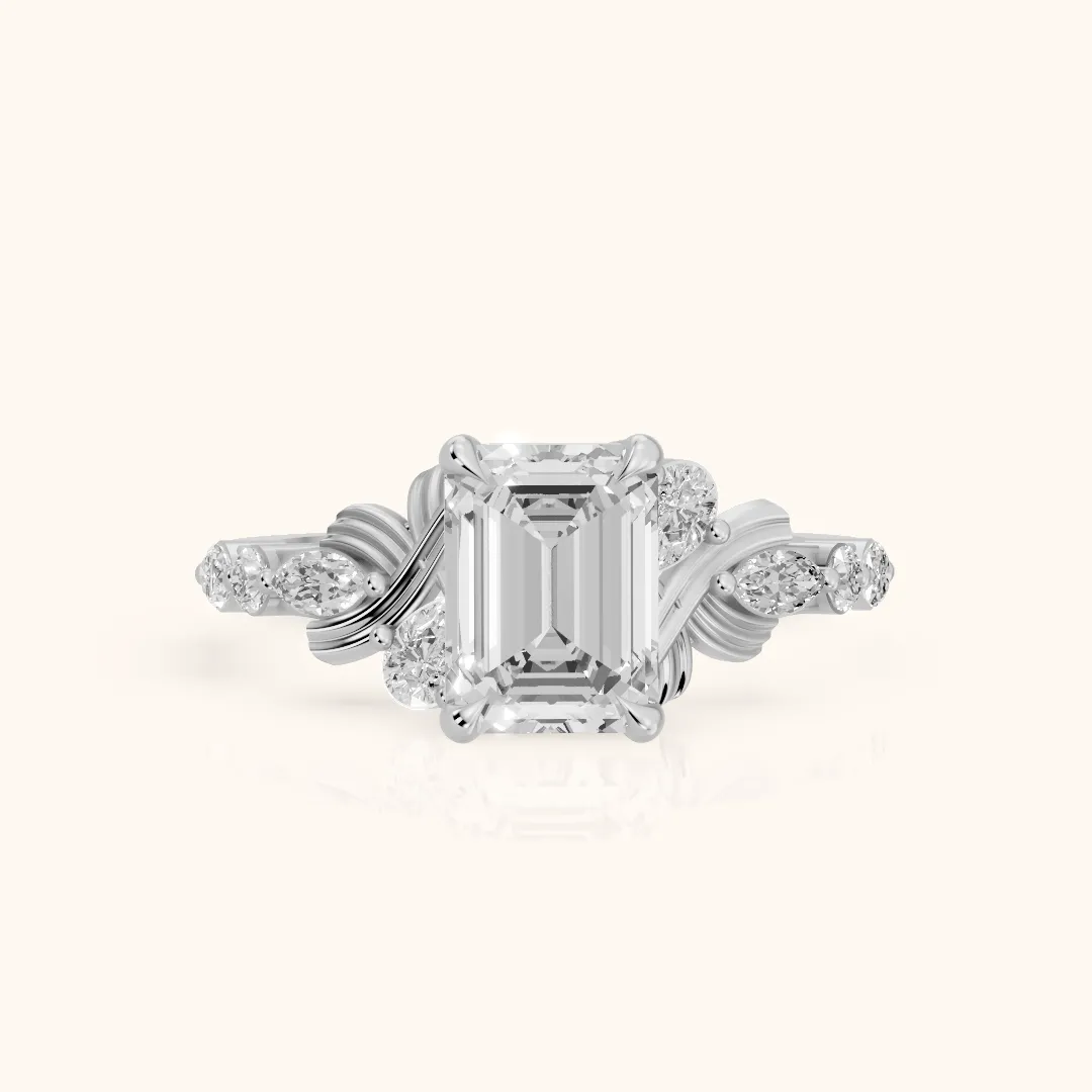 Lanai Marquise-Side Emerald Diamond Engagement Ring in Silver — view 2