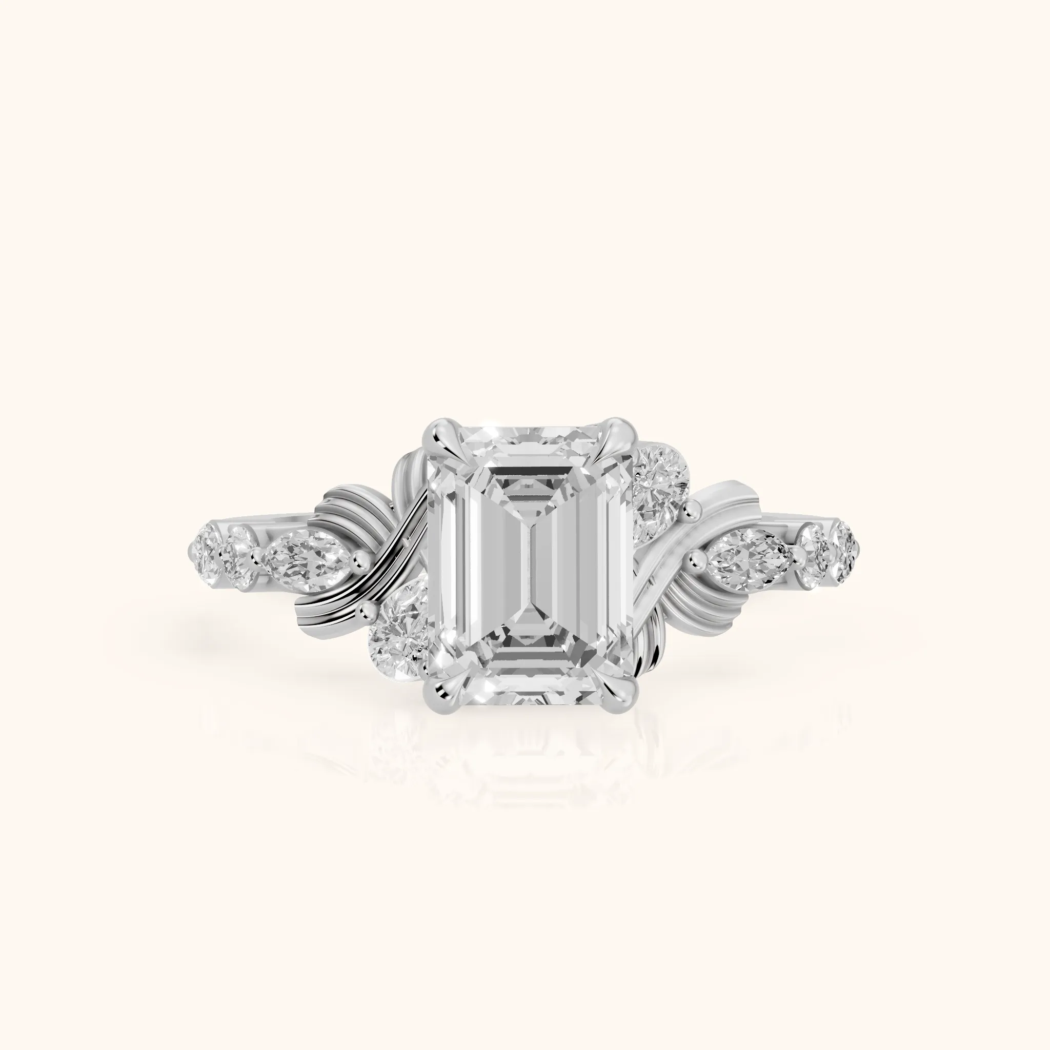 Lanai Marquise-Side Emerald Diamond Engagement Ring in Silver — view 1