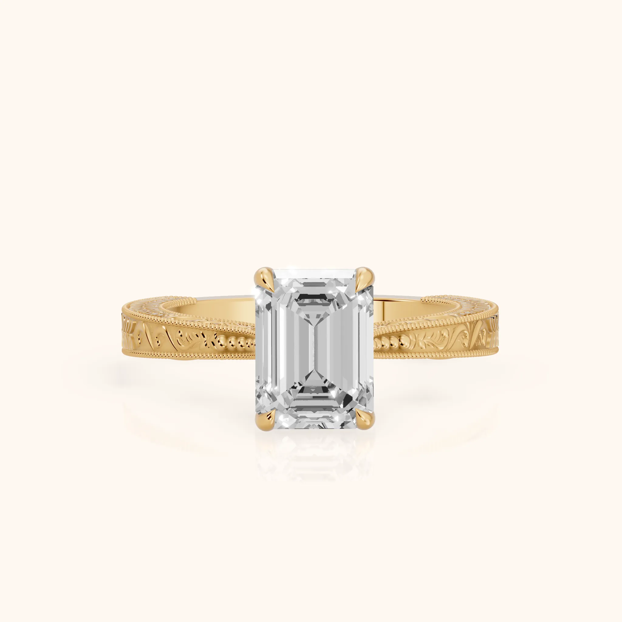 Kailua Vintage Engraved Emerald Diamond Engagement Ring in Yellow Gold — view 1