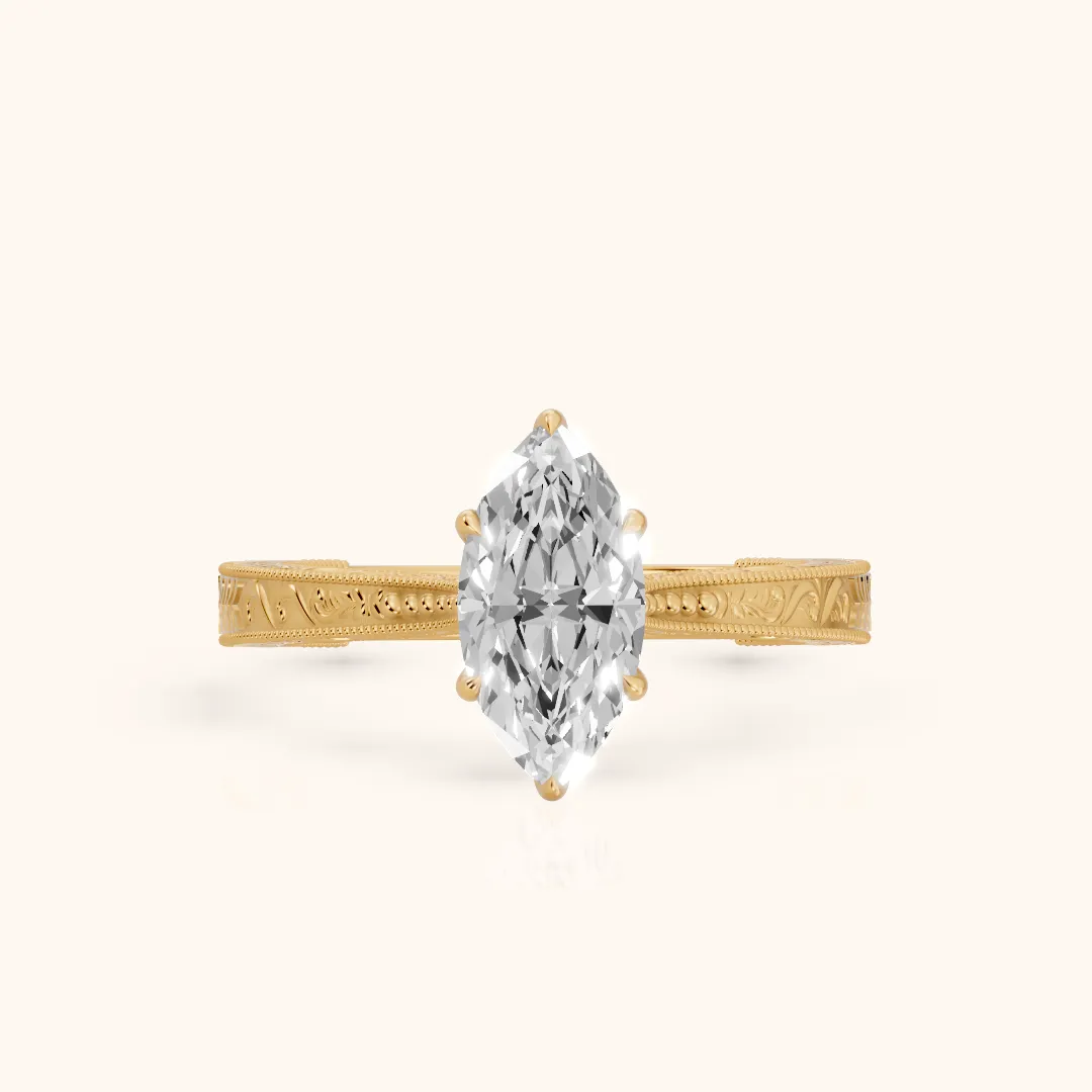 Kailua Vintage Engraved Marquise Diamond Engagement Ring in Yellow Gold — view 2